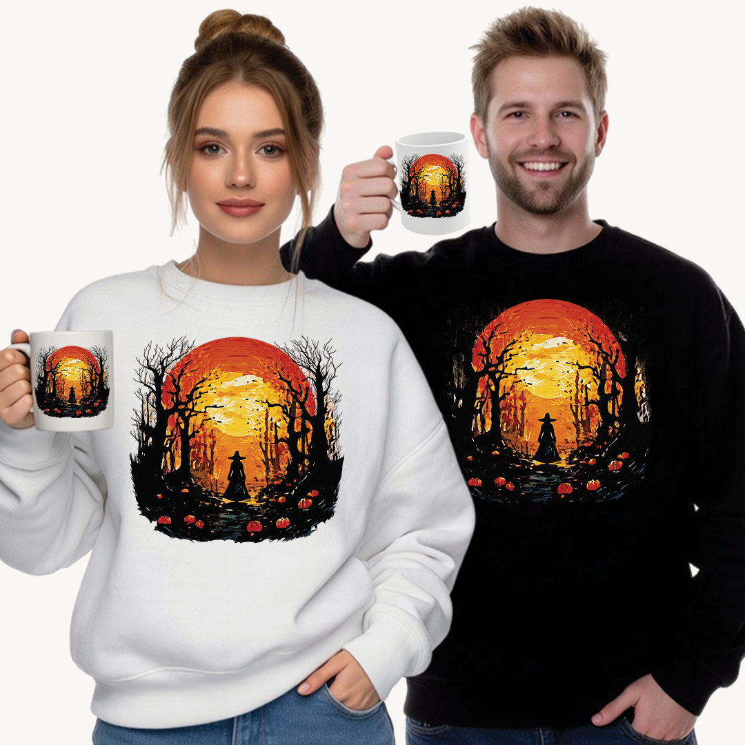 Moonlit Mischief: Autumn’s Enchanted Glow for Sweatshirts, mugs and more - Autumn Sunset Witch Sweatshirt - Cozy Unisex Crewneck for Fall, Halloween, Pumpkin Spice Lovers, Seasonal Fashion, Gift Idea