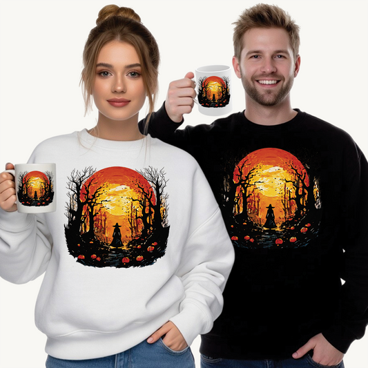 Moonlit Mischief: Autumn’s Enchanted Glow for Sweatshirts, mugs and more - Autumn Sunset Witch Sweatshirt - Cozy Unisex Crewneck for Fall, Halloween, Pumpkin Spice Lovers, Seasonal Fashion, Gift Idea