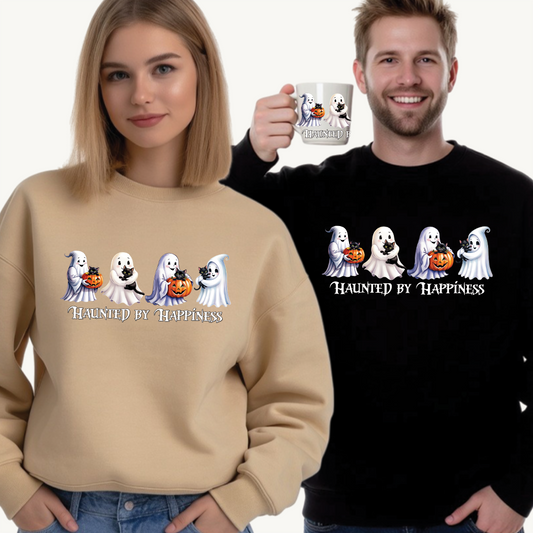 👻 Haunted by Happiness: Ghosts of Joy and Candy - Halloween Ghosts Sweatshirt, Cozy Crewneck, Autumn Apparel, Spooky Season Gift, Unisex Sweatshirt for Fall Celebrations