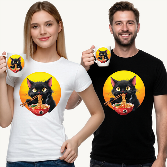 Ramen Cat Magic – Whiskers, Noodles & Sunshine Vibes - Ramen Cat - Cute Cat with Bowl of Noodles Unisex Heavy Cotton Tee