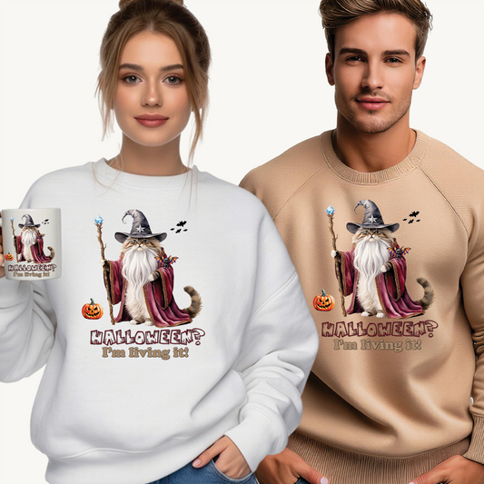 🧙 Living the Spell: Wizardry, Whimsy & Halloween Cheer 🎃 - Halloween Wizard Sweatshirt, Unisex Crewneck for Fall, Cozy Gift for Cat Lovers, Spooky Season Apparel, Fun Costume Alternative