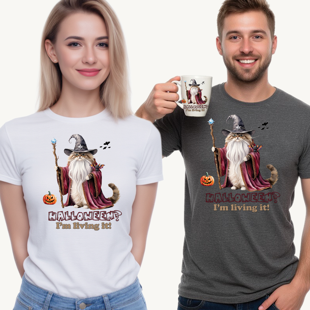 🧙 Living the Spell: Wizardry, Whimsy & Halloween CheerHalloween Wizard Cat Tee - 🎃 Spooky Unisex Cotton Shirt, Witchy T-Shirt, Fall Fashion, Gift for Cat Lovers, Halloween Costume, Relaxed Fit