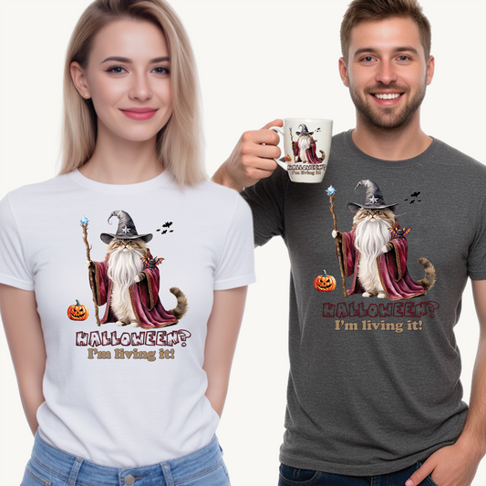 🧙 Living the Spell: Wizardry, Whimsy & Halloween CheerHalloween Wizard Cat Tee - 🎃 Spooky Unisex Cotton Shirt, Witchy T-Shirt, Fall Fashion, Gift for Cat Lovers, Halloween Costume, Relaxed Fit