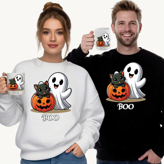 Spooky Smiles & Cozy Vibes – Halloween Boo Pumpkin Ghost Cat Edition - Cute Halloween Crewneck Sweatshirt with Ghost and Cat Design, Cozy Fall Apparel, Perfect for Spooky Season, Unisex Halloween Sweater, [...]