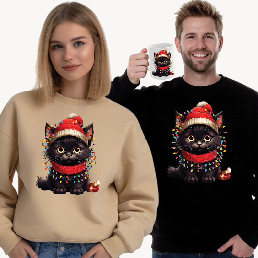 Holiday Heart: Kitten Wrapped in Christmas Lights - Festive Cat Crewneck Sweatshirt - Cozy Holiday Apparel, Warm Gift, Cute Winter Style, Pet Lover Sweatshirt, Christmas Sweater Alternative