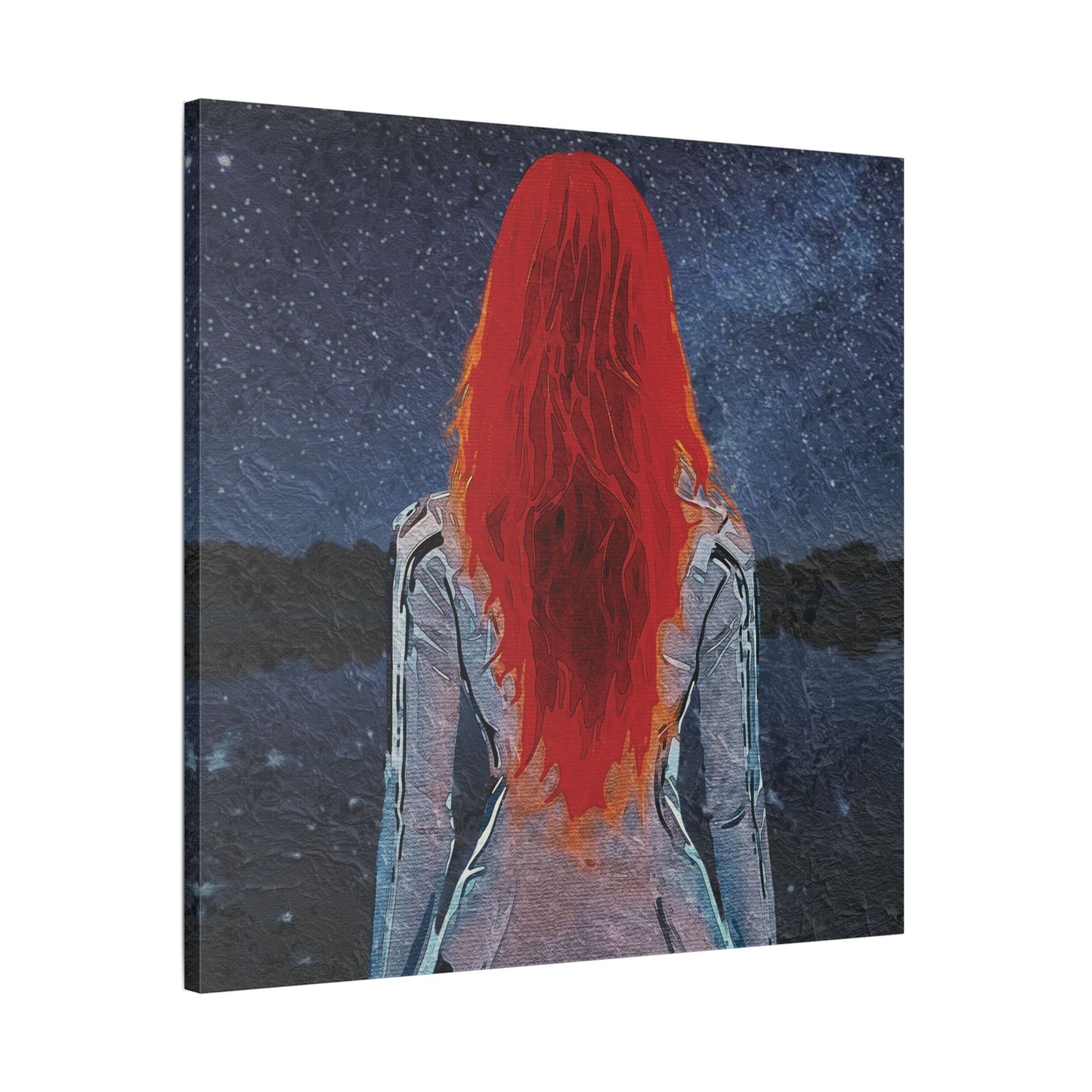 'Red' Scarlet Veil Over Starry Depths: Embrace the Cosmic Red Journey Within - Canvas Art Print: Starry Night with Red-Haired Woman, Wall Decor for Dreamers, Stretched Art, Unique Home Gift, Modern Living Room Decor