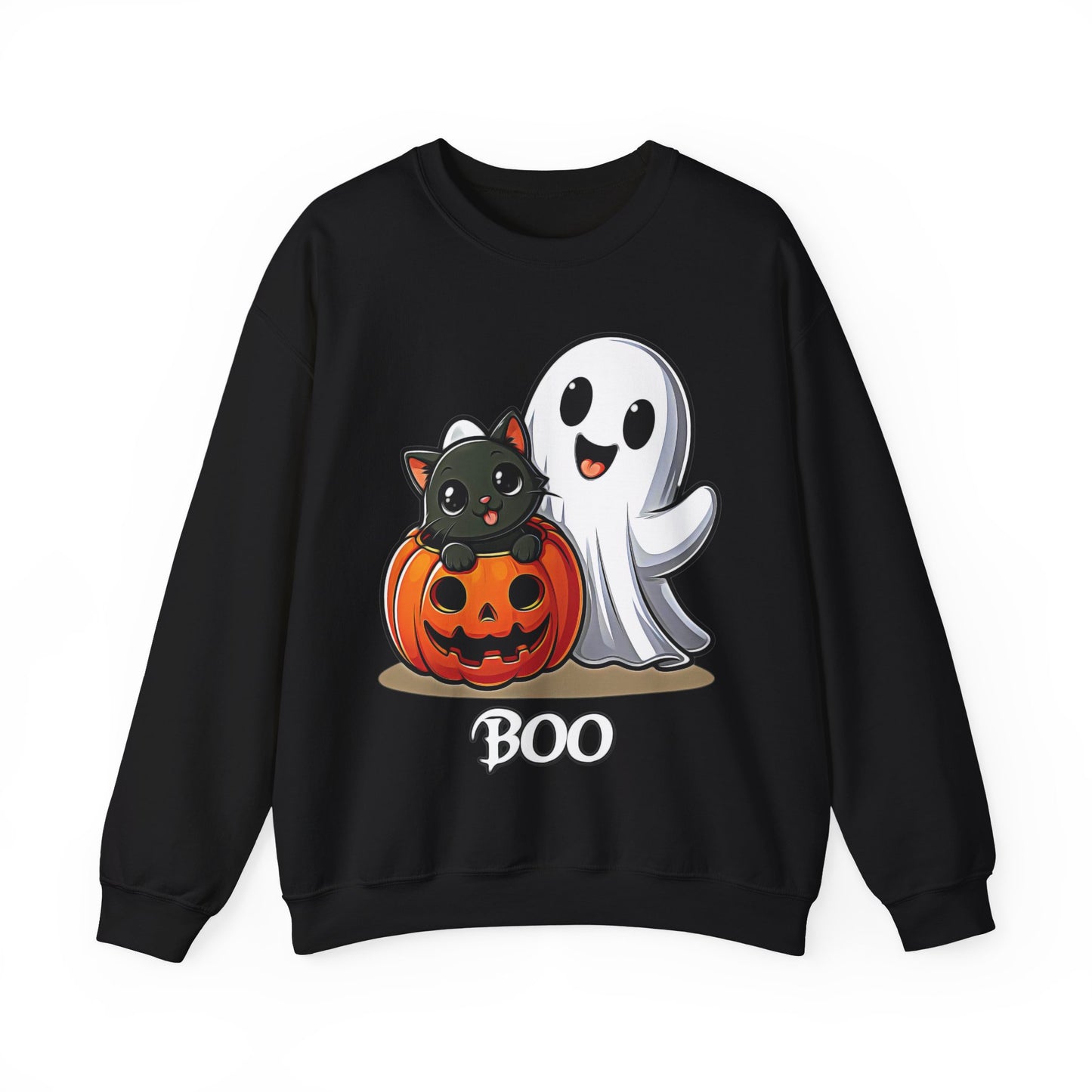 Spooky Smiles & Cozy Vibes – Halloween Boo Pumpkin Ghost Cat Edition - Cute Halloween Crewneck Sweatshirt with Ghost and Cat Design, Cozy Fall Apparel, Perfect for Spooky Season, Unisex Halloween Sweater, [...]