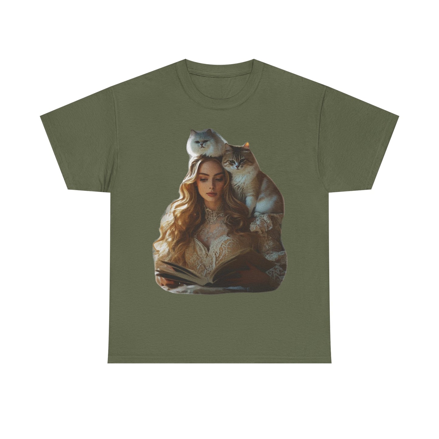 “Chapters & Companions: Peaceful Moments with Books, Cats, and Cozy Souls”  Description: - Book Lover Cat Tee, Unisex Heavy Cotton Tee for Cat Lovers, Cozy Graphic Shirt, Reading Gift, Cat Mom Gift, Pet Lover Apparel