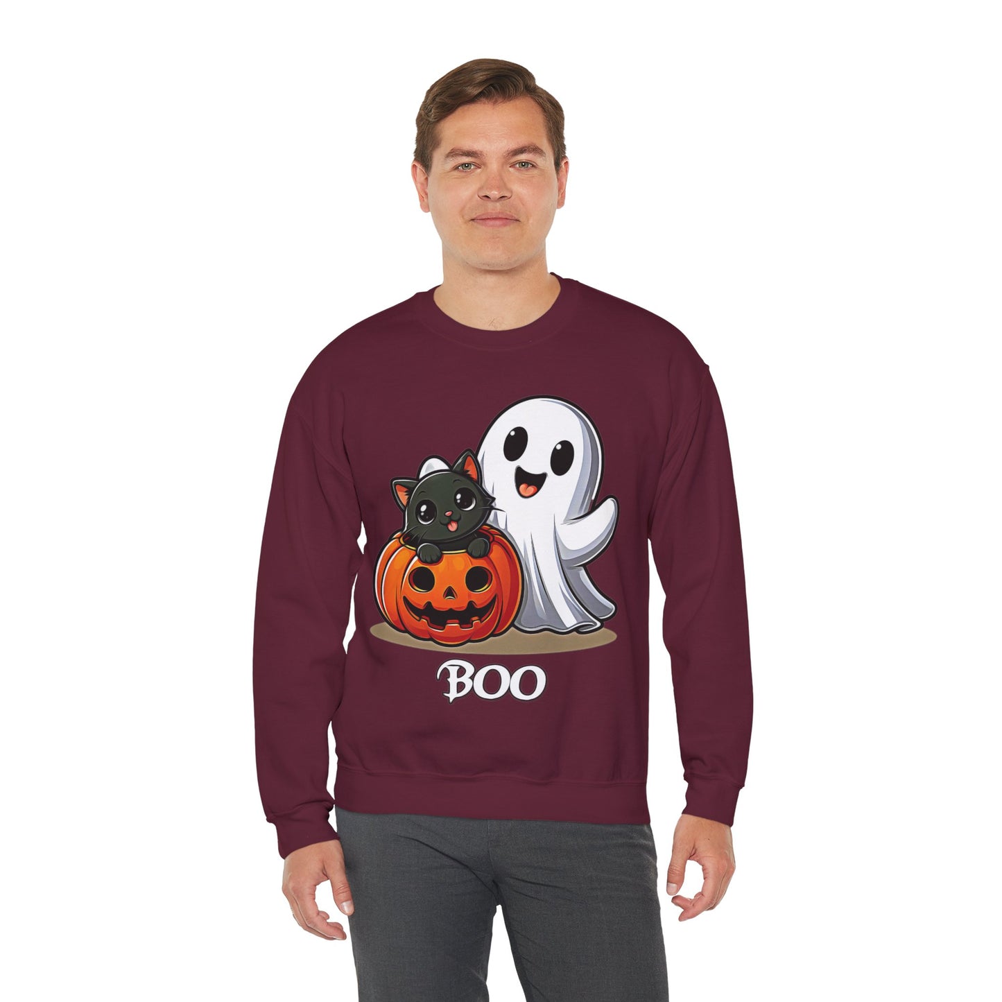 Spooky Smiles & Cozy Vibes – Halloween Boo Pumpkin Ghost Cat Edition - Cute Halloween Crewneck Sweatshirt with Ghost and Cat Design, Cozy Fall Apparel, Perfect for Spooky Season, Unisex Halloween Sweater, [...]