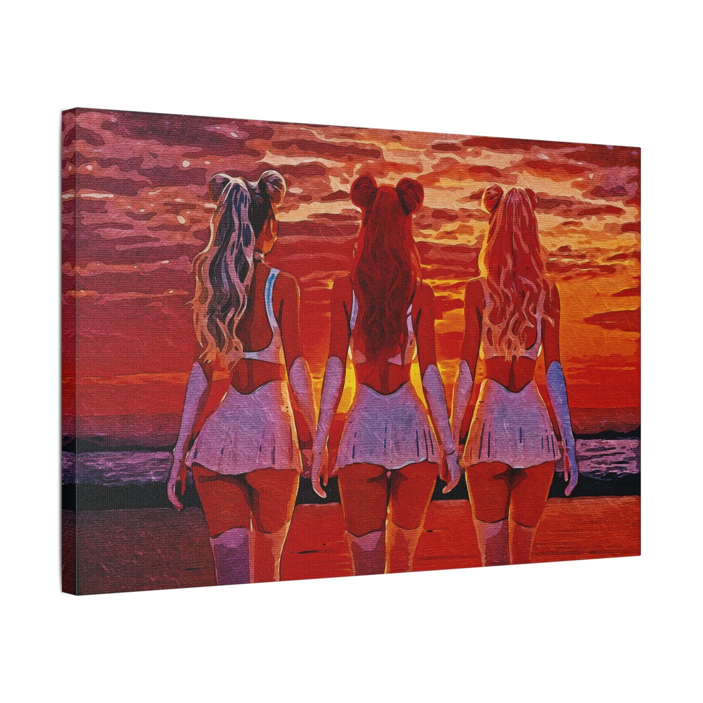 Horizon Sisters – United in Light and Love 🌅👭👭 – Unity & Peace in Vibrant Coastal Light - Stretched Canvas Art Print, Boho Wall Decor, Beach Sunset Art, Girls Artwork, Home and Living