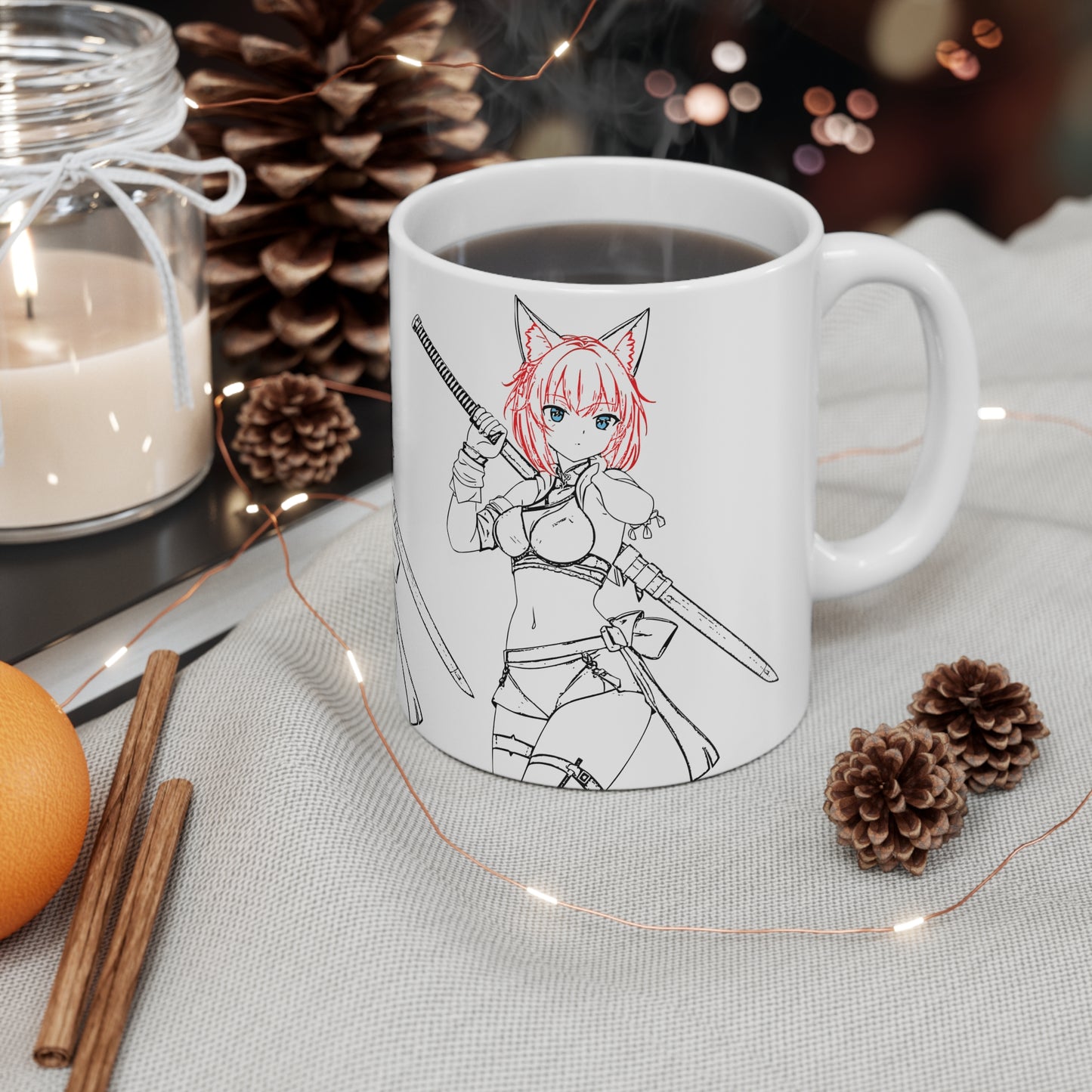 Blade & Whiskers: Unleash Courage and Cuteness with the Fierce Spirit of the Catgirl Warrior - Anime Warrior Ceramic Coffee Cups - Perfect for Gifts, Collectors, and Everyday Use, 11oz, 15oz