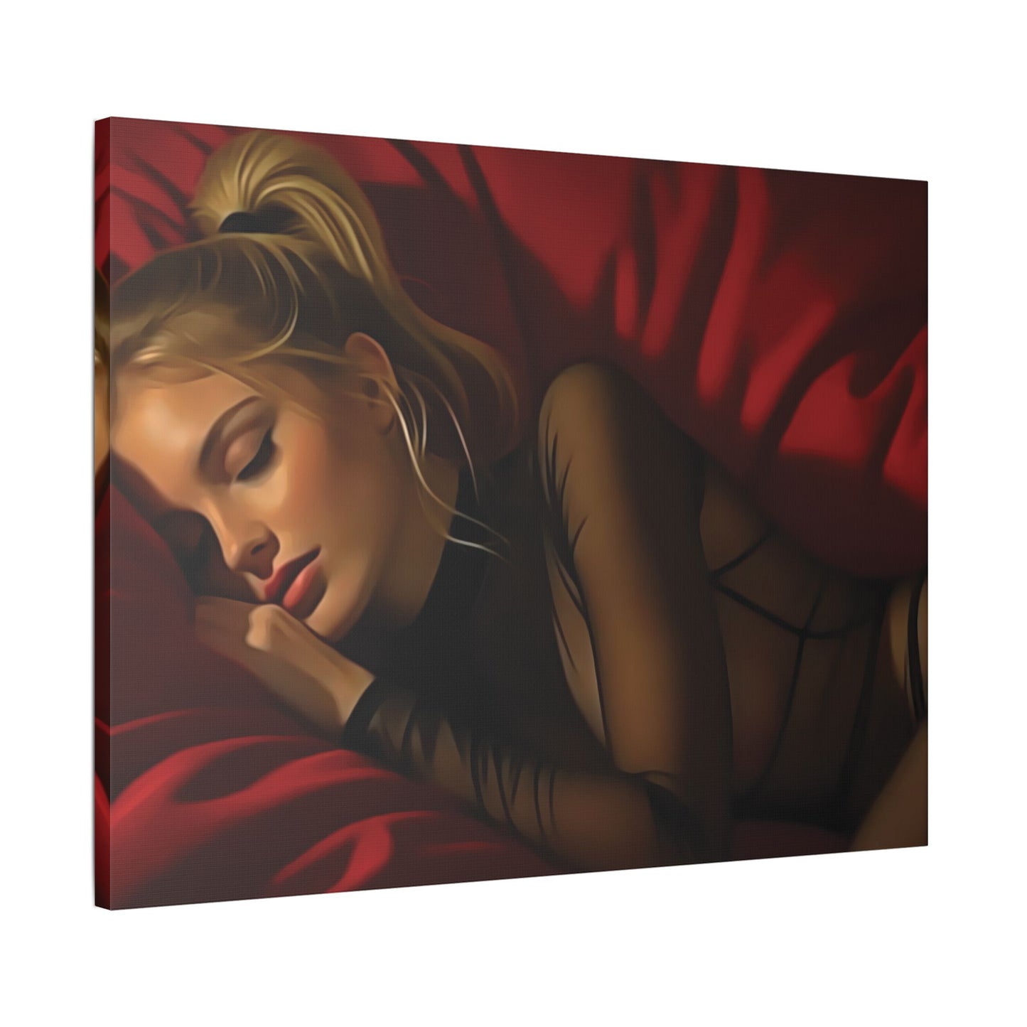 "Velvet Dreams: A Serene Portrait of Feminine Grace, Rest, and the Quiet Power of Stillness" - Elegant Satin Canvas Art Print, Bedroom Décor, Wall Art, Modern Home Decoration, Perfect Gift for Art Lovers, Relaxing Atmosphere