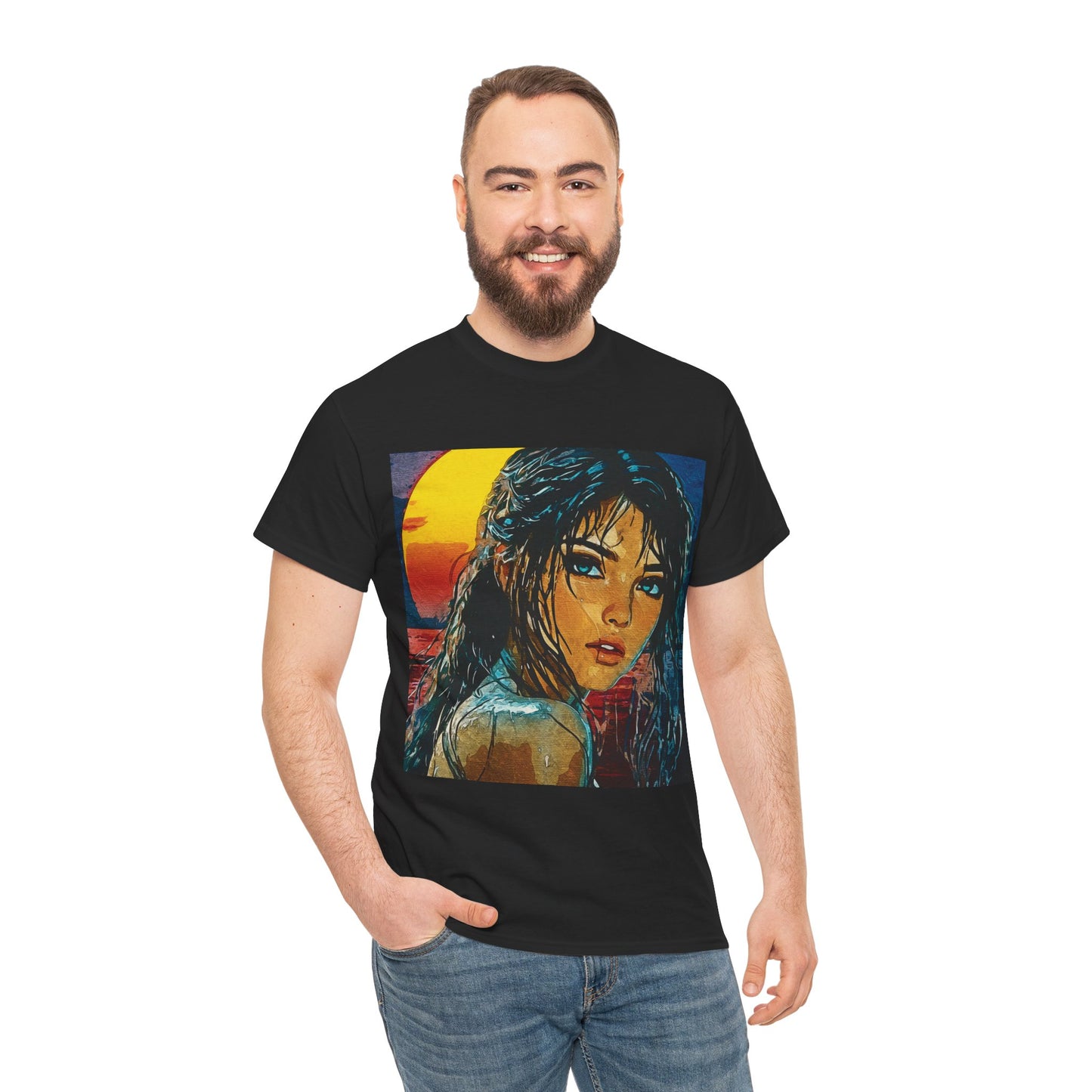 "Golden Hour Goddess: Vibrant Pop Art Vision" - Sunset Dreamer Unisex Heavy Cotton Tee - Vintage Art T-Shirt, Graphic Tee, Casual Wear, Unique Gift Idea, Summer Fashion