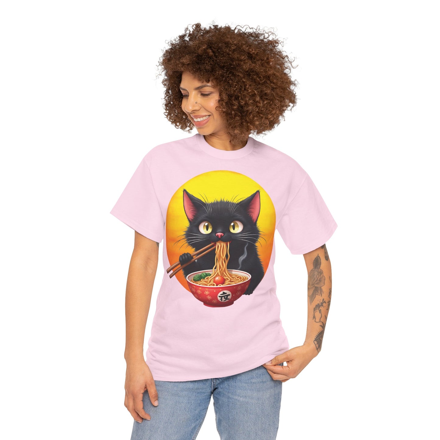 Ramen Cat Magic – Whiskers, Noodles & Sunshine Vibes - Ramen Cat - Cute Cat with Bowl of Noodles Unisex Heavy Cotton Tee