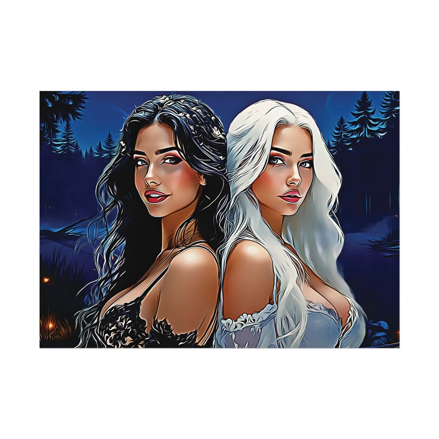 Moonlit Sisters of Opposites – Enchanted Night Art of Balance, Beauty, and Timeless Harmony - Mystical Duo Rolled Posters | Ethereal Art for Witchy Decor, Fantasy Wall Art, Gift for Her, Boho Home, Unique Prints