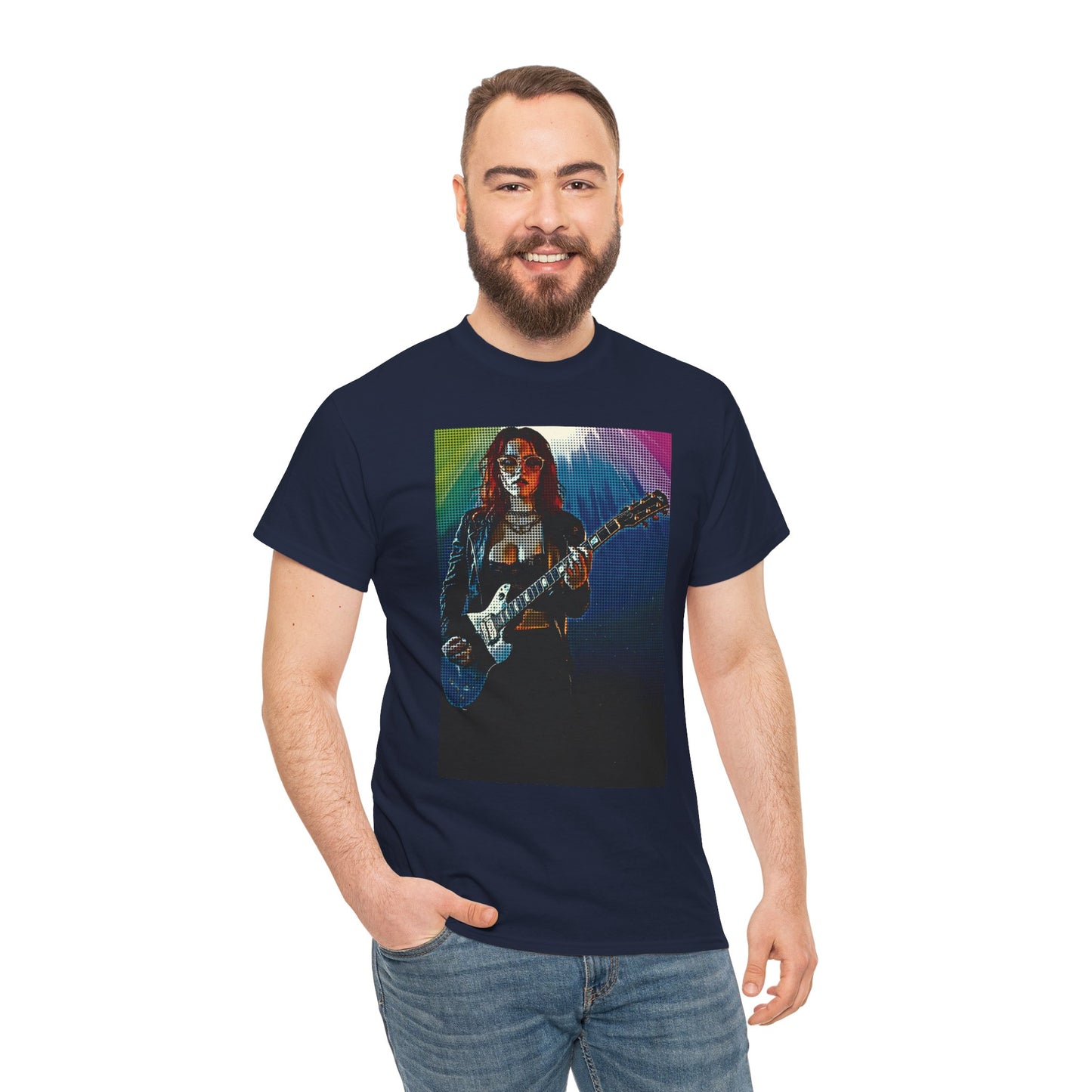 Electric Vibes: Retro Halftone Guitar Art Celebrating Music, Freedom, and Bold Self-Expression - Rock Star Unisex Heavy Cotton Tee, Music Lover Gift, Concert Apparel, Vintage Tee, Festival Wear