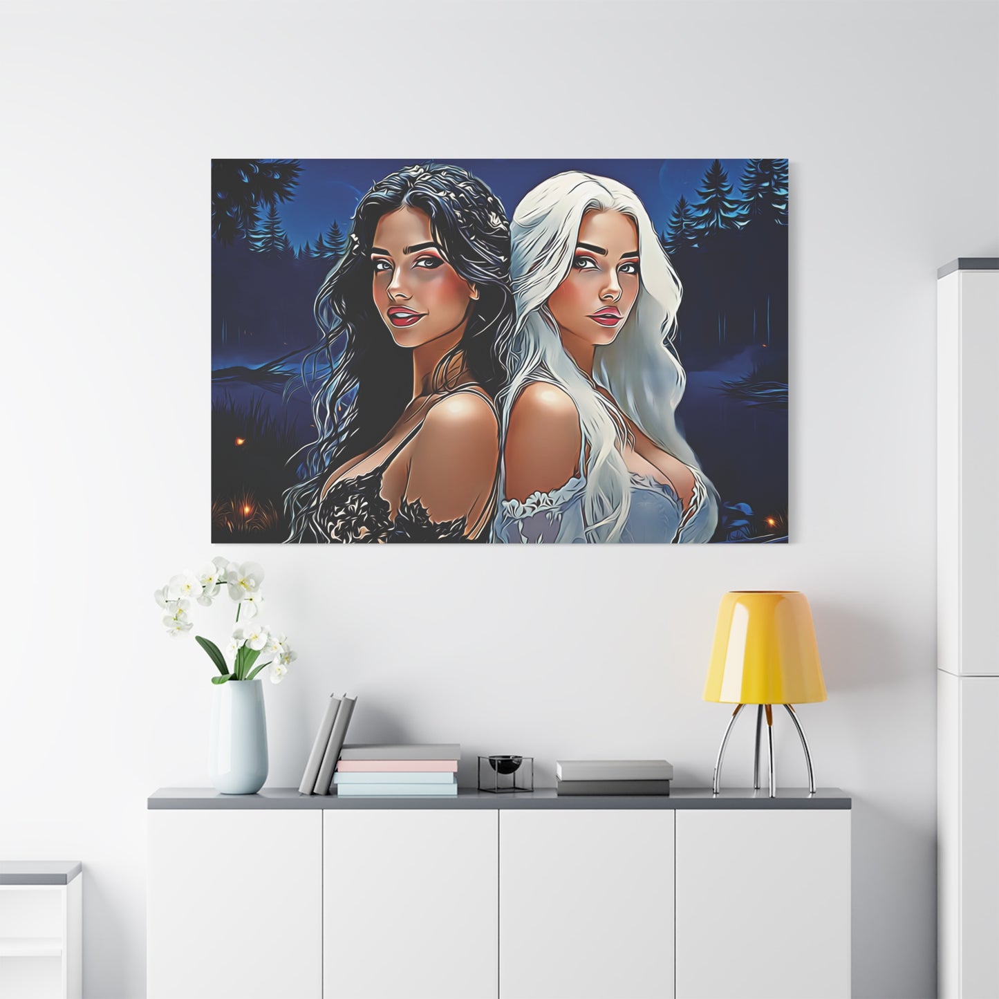 Moonlit Sisters of Opposites – Enchanted Night Art of Balance, Beauty, and Timeless Harmony - Canvas Art Print, Vibrant Wall Decor, Modern Home Art, Ideal Gift for Friends, Elegant Bedroom Accents, Birthday Present