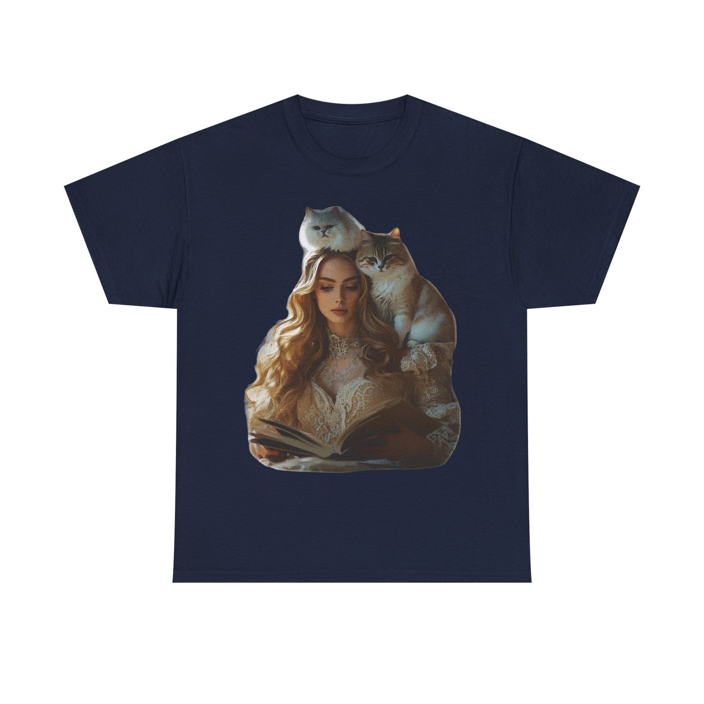 “Chapters & Companions: Peaceful Moments with Books, Cats, and Cozy Souls”  Description: - Book Lover Cat Tee, Unisex Heavy Cotton Tee for Cat Lovers, Cozy Graphic Shirt, Reading Gift, Cat Mom Gift, Pet Lover Apparel