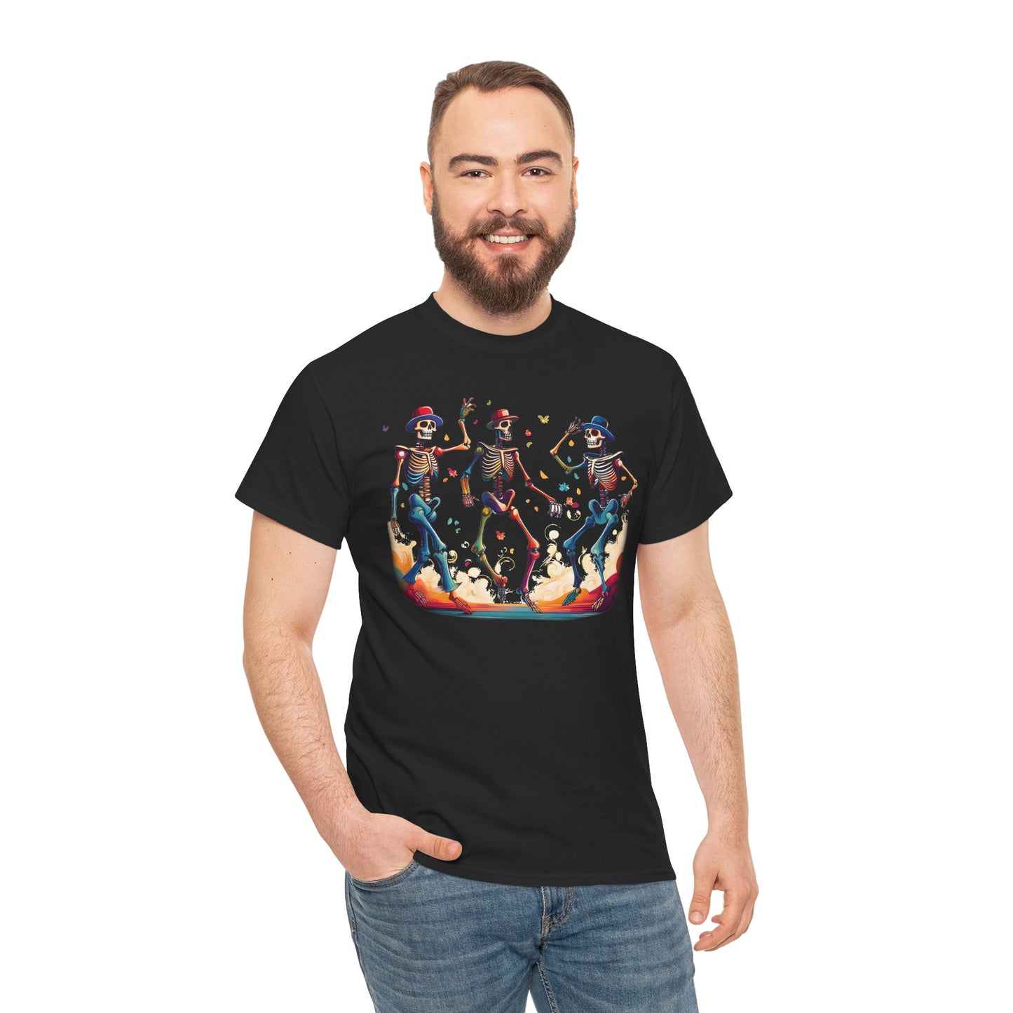 Dancing Skeletons Halloween Party - Spooky Fun Celebration Art - Festive Autumn Spirit Collection - Colorful Skeleton Dance Tee, Casual Halloween T-Shirt, Unique Gift for Parties, Unisex Graphic Shirt, Fun Everyday Wear