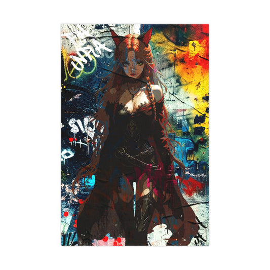 Warrior Anime Catgirl – Urban Fantasy Power on . - Vibrant Art Matte Poster, Urban Decor, Anime Wall Art, Gift for Collectors, Home Aesthetic
