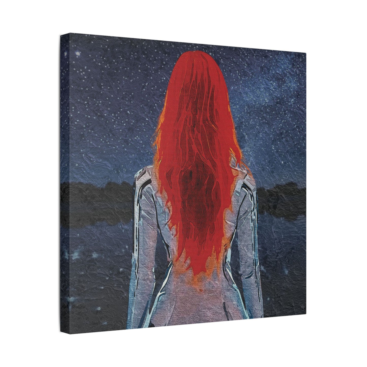 'Red' Scarlet Veil Over Starry Depths: Embrace the Cosmic Red Journey Within - Canvas Art Print: Starry Night with Red-Haired Woman, Wall Decor for Dreamers, Stretched Art, Unique Home Gift, Modern Living Room Decor