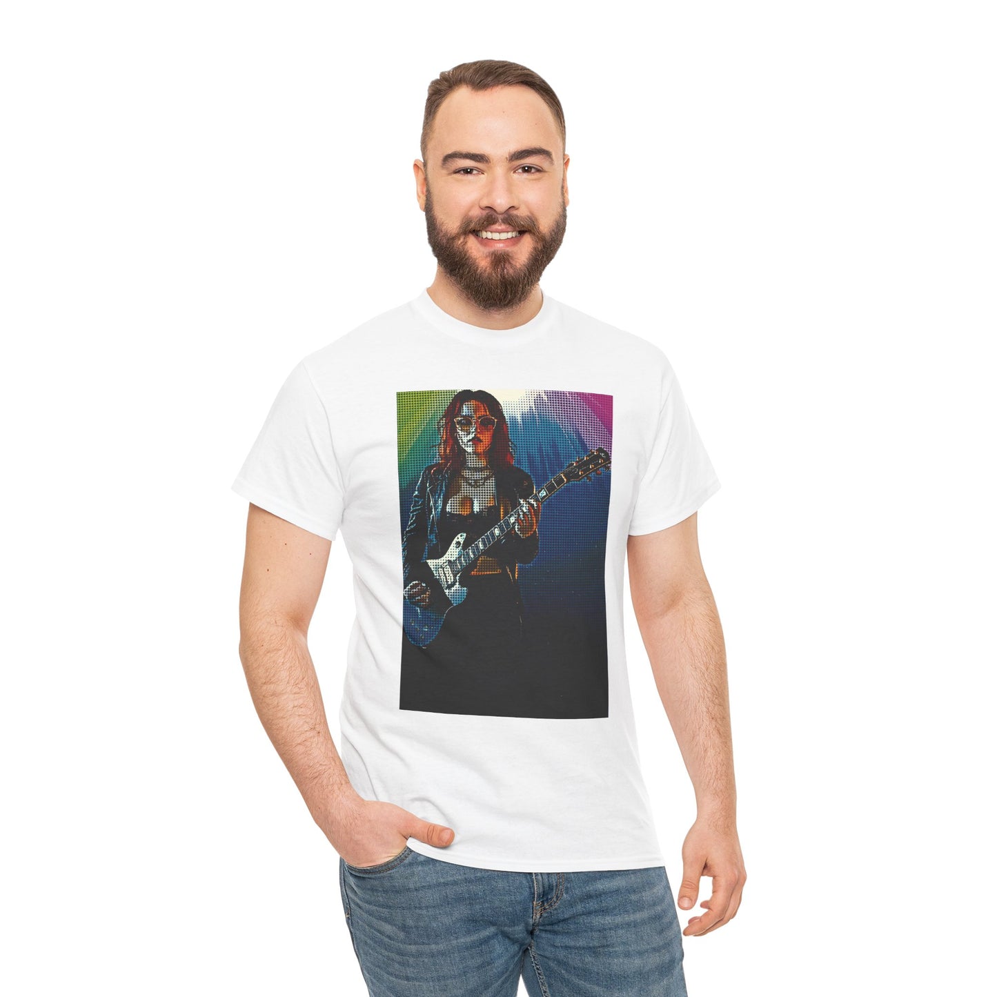 Electric Vibes: Retro Halftone Guitar Art Celebrating Music, Freedom, and Bold Self-Expression - Rock Star Unisex Heavy Cotton Tee, Music Lover Gift, Concert Apparel, Vintage Tee, Festival Wear