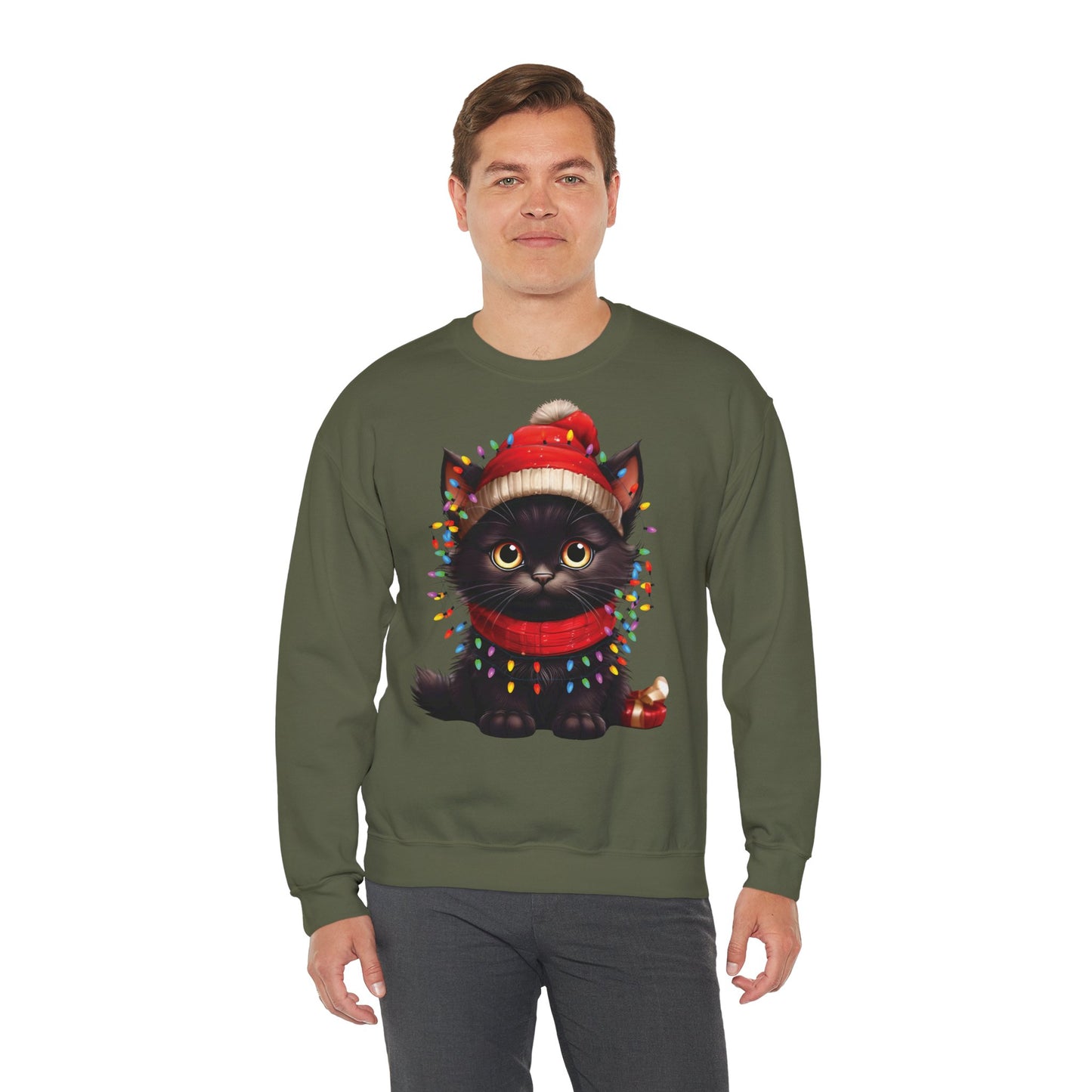 Holiday Heart: Kitten Wrapped in Christmas Lights - Festive Cat Crewneck Sweatshirt - Cozy Holiday Apparel, Warm Gift, Cute Winter Style, Pet Lover Sweatshirt, Christmas Sweater Alternative