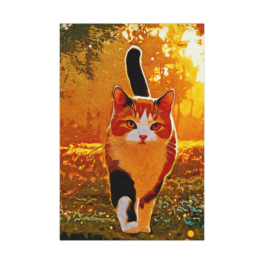 "Stride of Serenity: A Cat’s Golden Journey" - Vibrant Cat Matte Poster, Wall Art Decor, Feline Art Print, Cat Lover Gift, Home Decor, Nature Photography