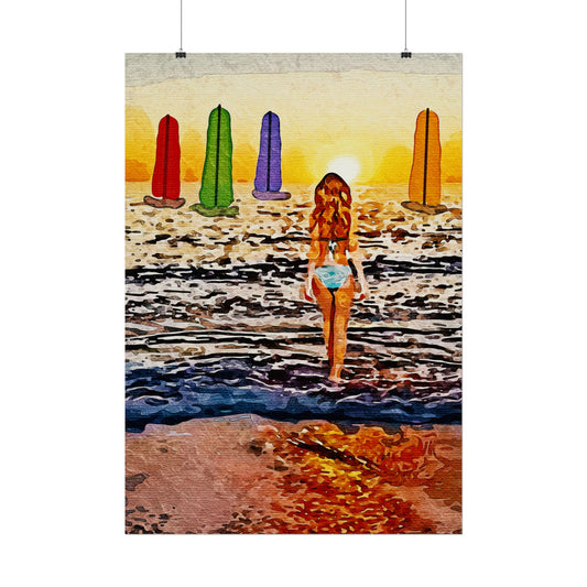 "Chasing Horizons: A Sunset Journey of Hope and Serenity Beyond the Waves" - Beach-Themed Rolled Posters, Decorative Wall Art, Summer Decor, Coastal Vibe, Surfing Gift, Ocean Sunset Print