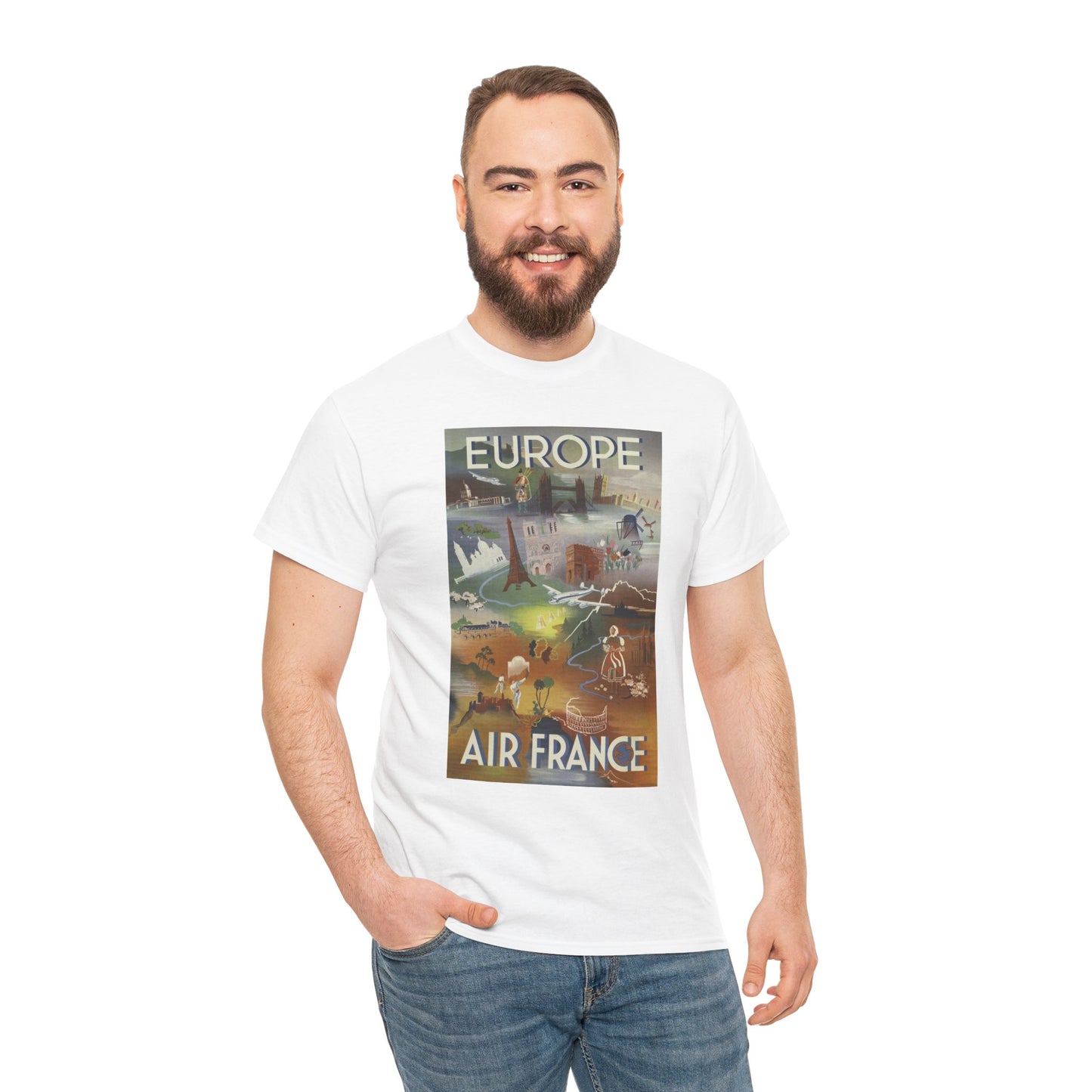 Vintage Air France 1948: Retro Travel Poster Celebrating Europe’s Beauty, Adventure, and Timeless Wanderlust - Unisex Heavy Cotton Tee