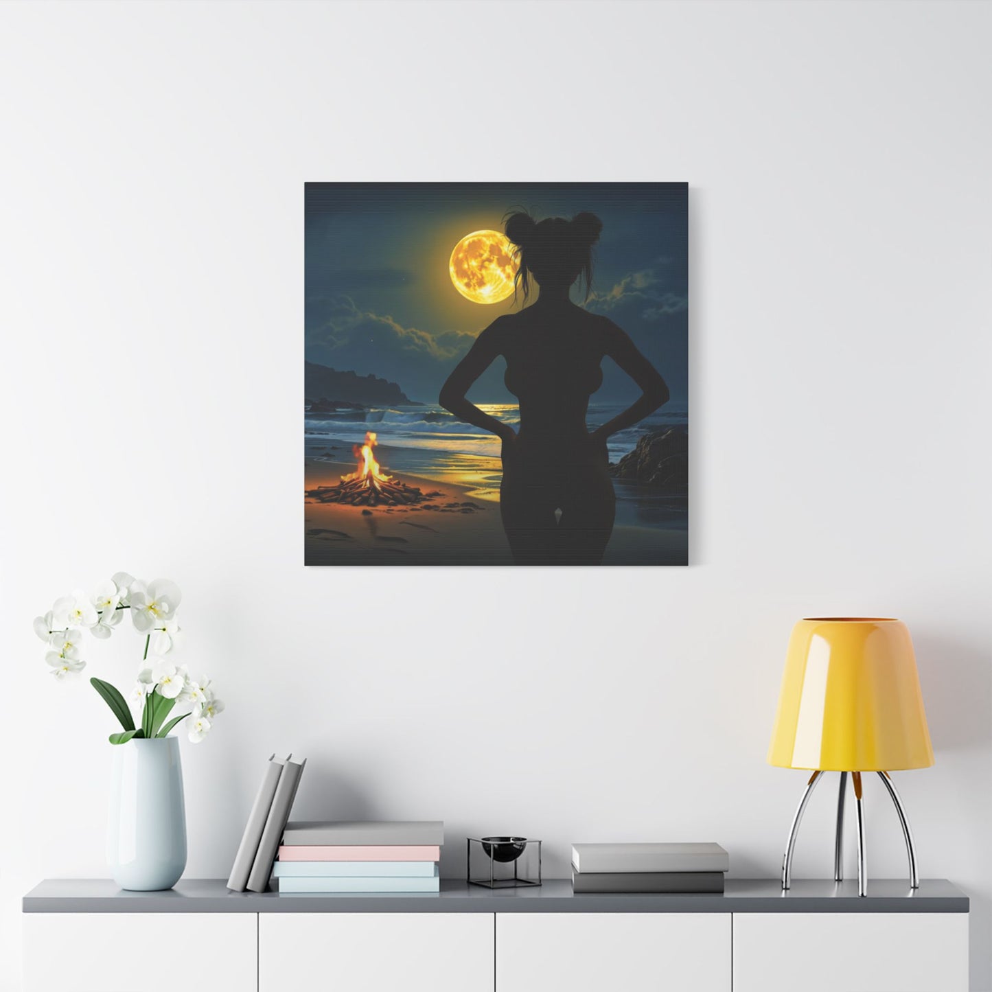 Roxie’s Midnight Swim – Moonlit Beach - Satin Canvas Print, Wall Art for Home Decor, Nighttime Serenity, Coastal Vibes, Gift for Nature Lovers, Personalized Artwork