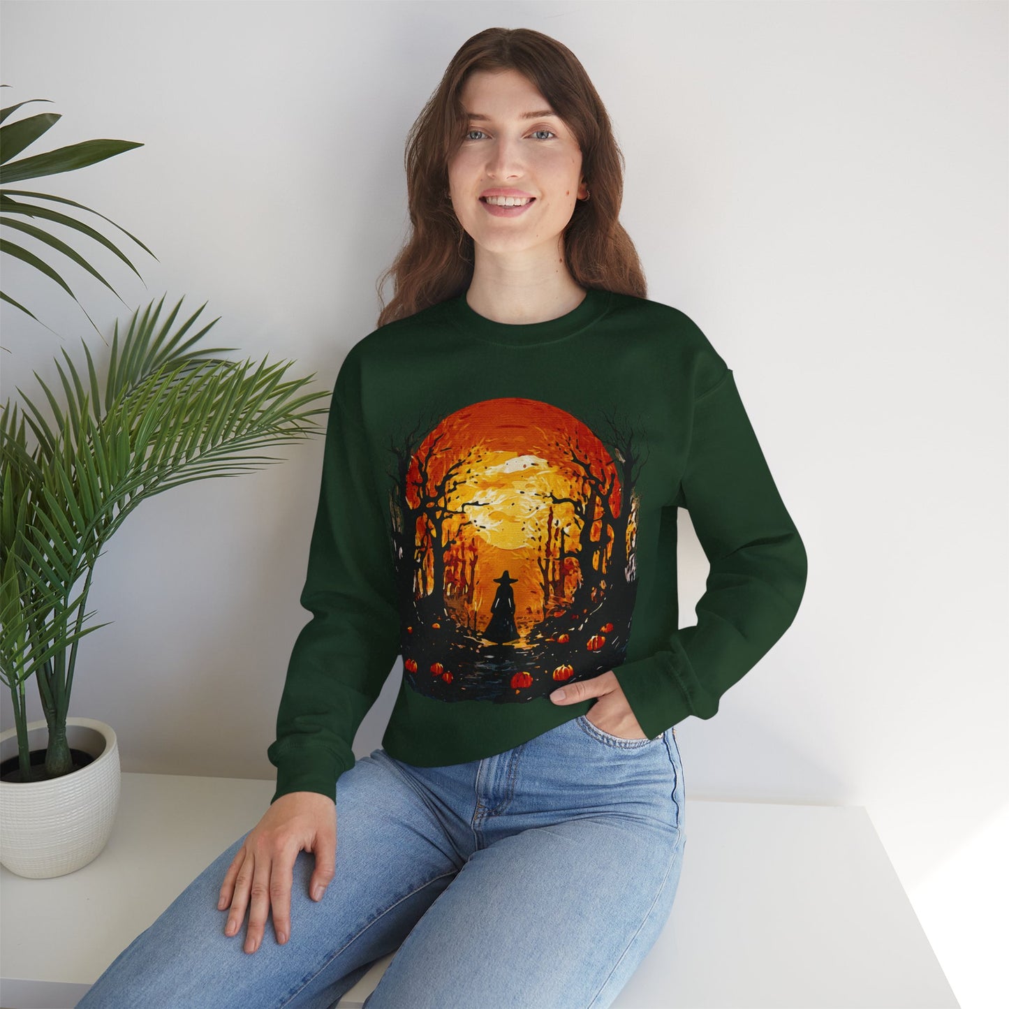 Moonlit Mischief: Autumn’s Enchanted Glow for Sweatshirts, mugs and more - Autumn Sunset Witch Sweatshirt - Cozy Unisex Crewneck for Fall, Halloween, Pumpkin Spice Lovers, Seasonal Fashion, Gift Idea