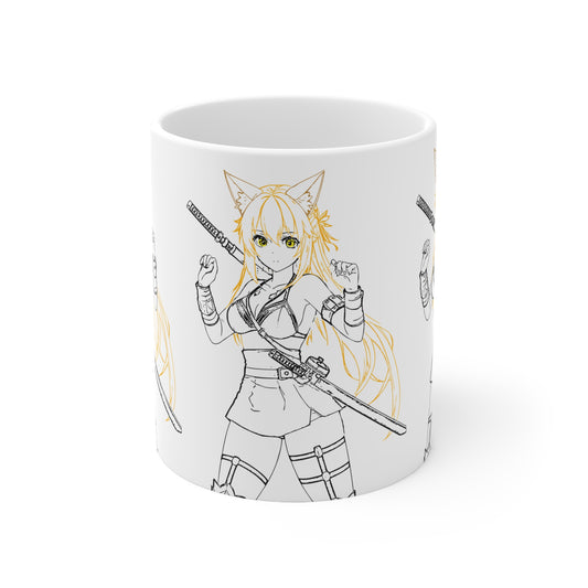 Cat-Eared Blade – Anime Warrior Power on Anime-Themed Ceramic Coffee Mug, Cute Anime Style Cup, Perfect Gift for Otaku, 11oz and 15oz Sizes, Fun Cafe Decor, Coffee Lover Gift