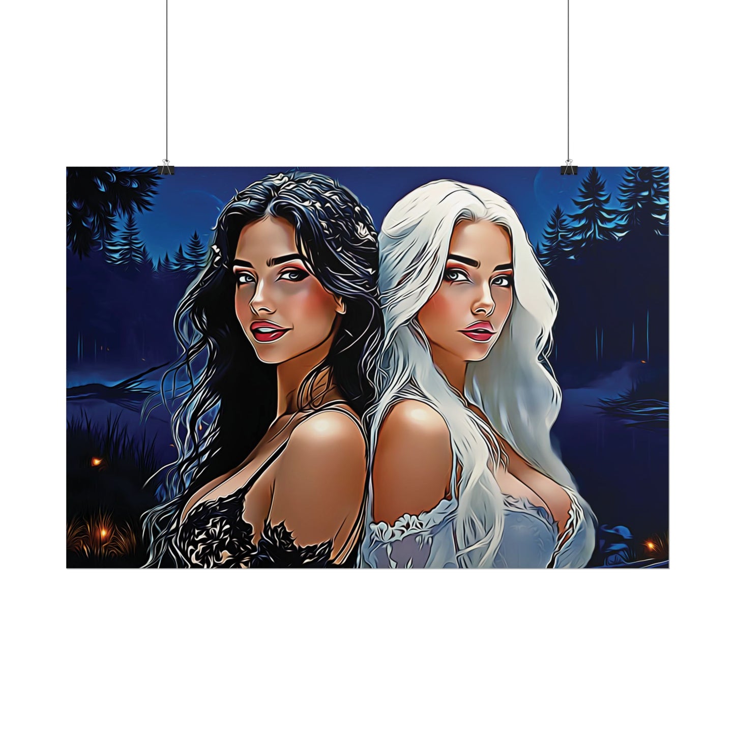 Moonlit Sisters of Opposites – Enchanted Night Art of Balance, Beauty, and Timeless Harmony - Mystical Duo Rolled Posters | Ethereal Art for Witchy Decor, Fantasy Wall Art, Gift for Her, Boho Home, Unique Prints