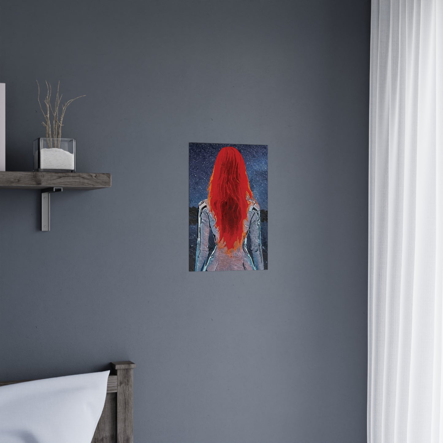 'Red' Scarlet Veil Over Starry Depths: Embrace the Cosmic Red Journey Within - Vibrant Matte Poster of a Red-Haired Figure, Wall Art, Home Decor, Aesthetic Print, Gift for Art Lovers, Inspirational Decor