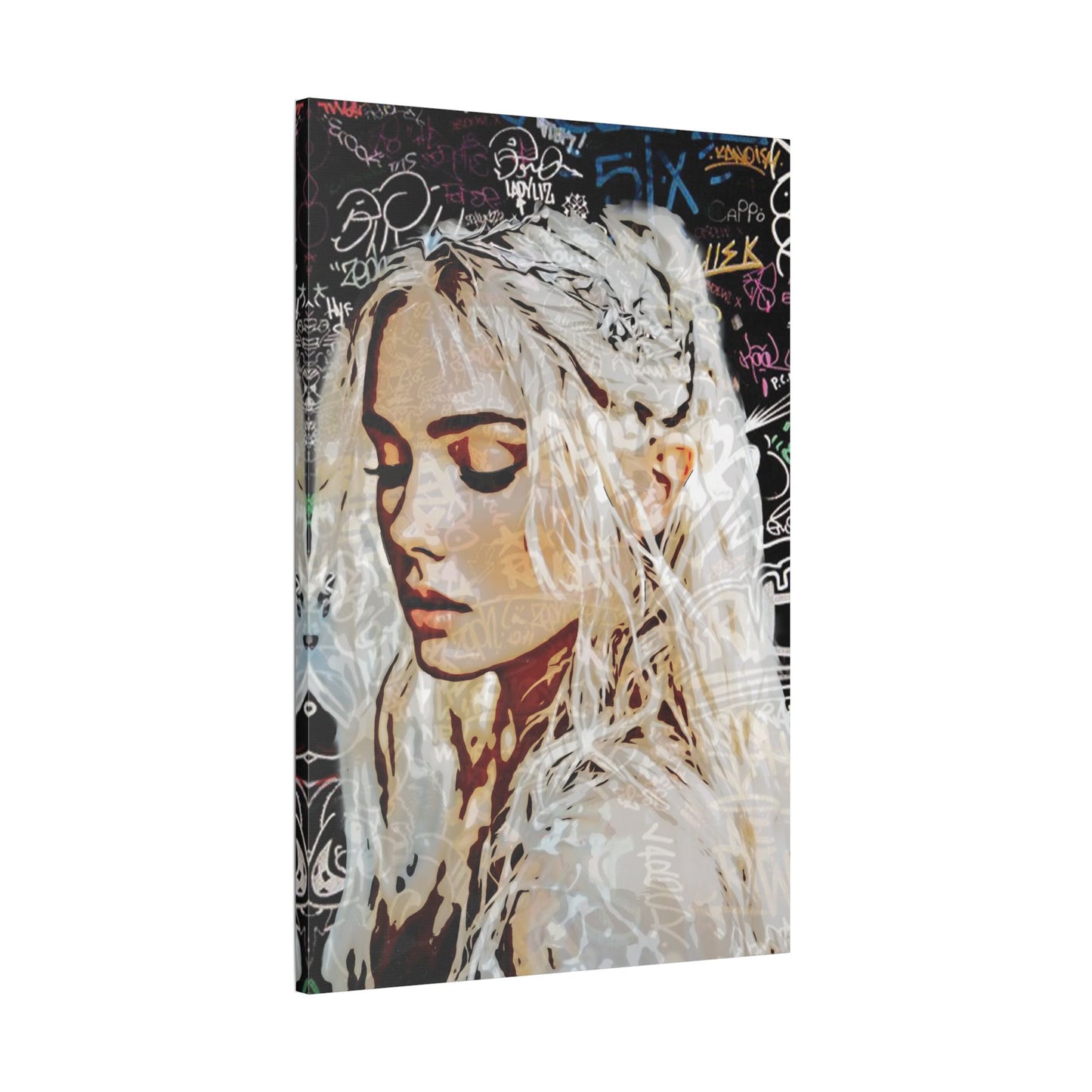 "Urban Dreams: Street Art Portrait of Hope and Beauty Emerging from City's Creative Soul" - Satin Canvas Art Print, Stretched Wall Decor, Girl Portrait, Abstract Graffiti Design, Unique Home Decor, Gift for Art Lovers