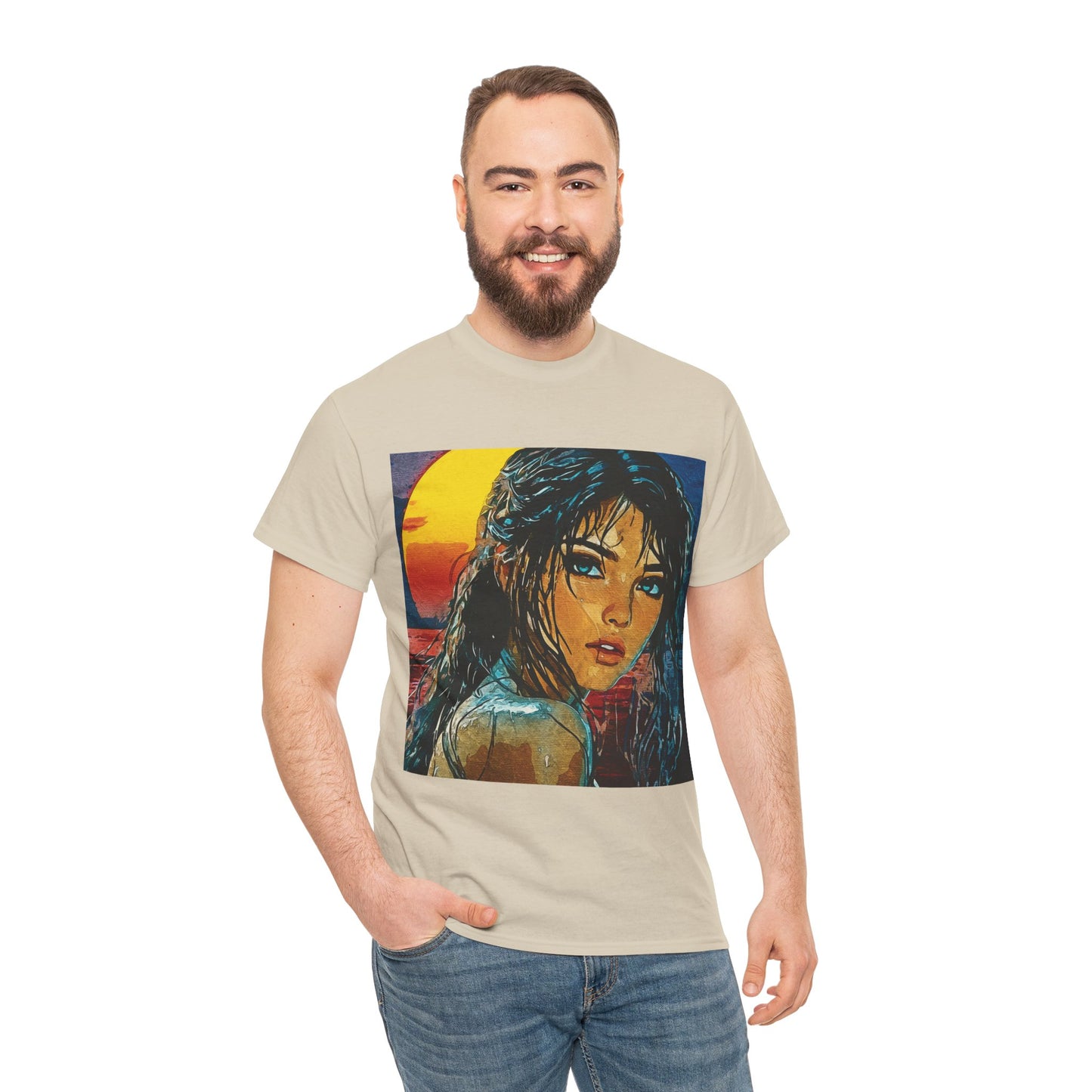 "Golden Hour Goddess: Vibrant Pop Art Vision" - Sunset Dreamer Unisex Heavy Cotton Tee - Vintage Art T-Shirt, Graphic Tee, Casual Wear, Unique Gift Idea, Summer Fashion