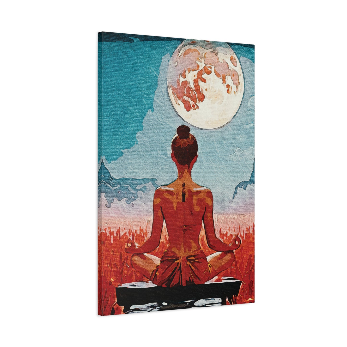 ✨Title: Serenity Under the Full Moon - Meditative Canvas Art Print, Wall Decor, Spiritual Home Decor, Yoga Room Art, Gift for Mindfulness Enthusiasts, Meditation Wall Art