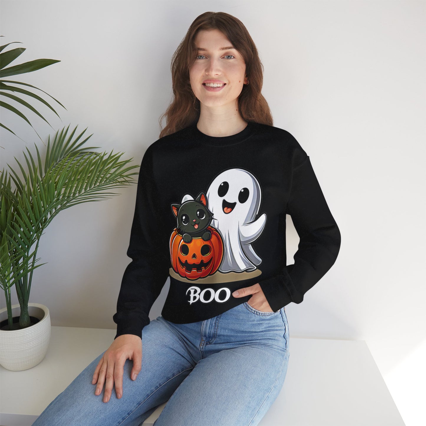 Spooky Smiles & Cozy Vibes – Halloween Boo Pumpkin Ghost Cat Edition - Cute Halloween Crewneck Sweatshirt with Ghost and Cat Design, Cozy Fall Apparel, Perfect for Spooky Season, Unisex Halloween Sweater, [...]