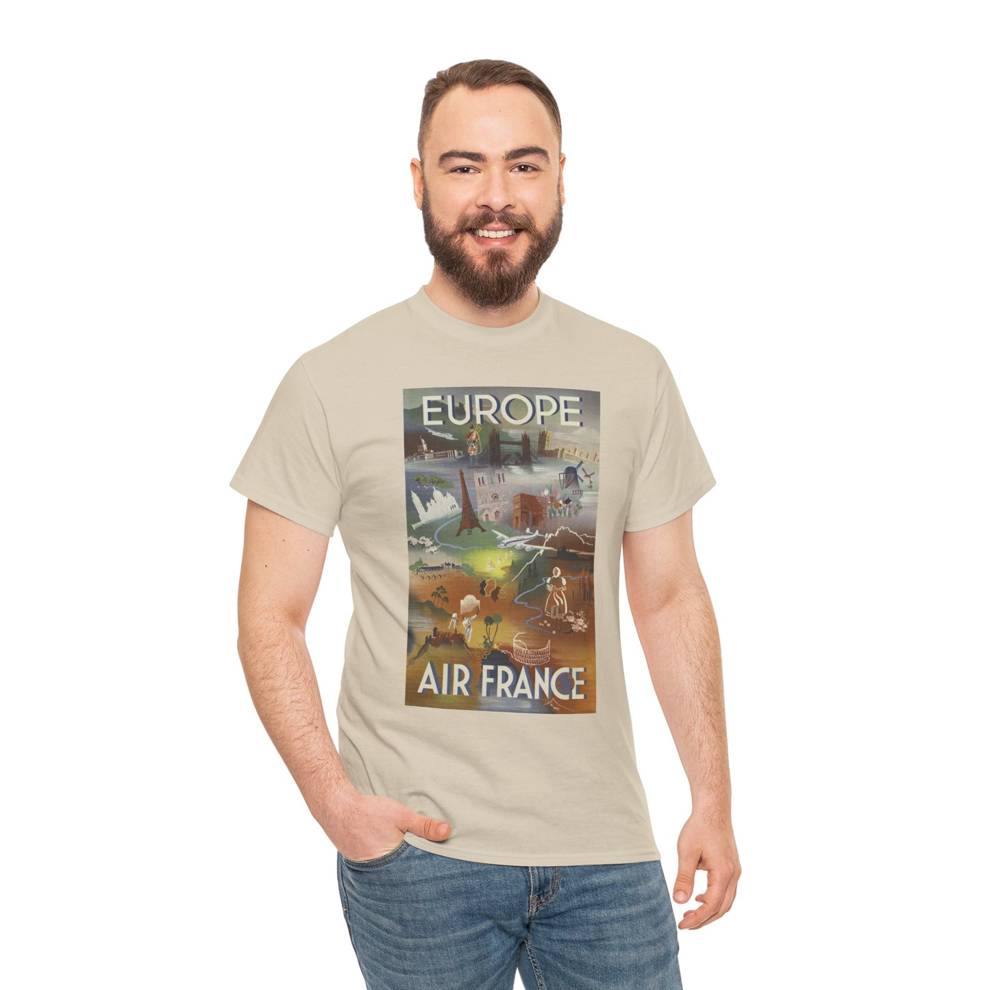 Vintage Air France 1948: Retro Travel Poster Celebrating Europe’s Beauty, Adventure, and Timeless Wanderlust - Unisex Heavy Cotton Tee