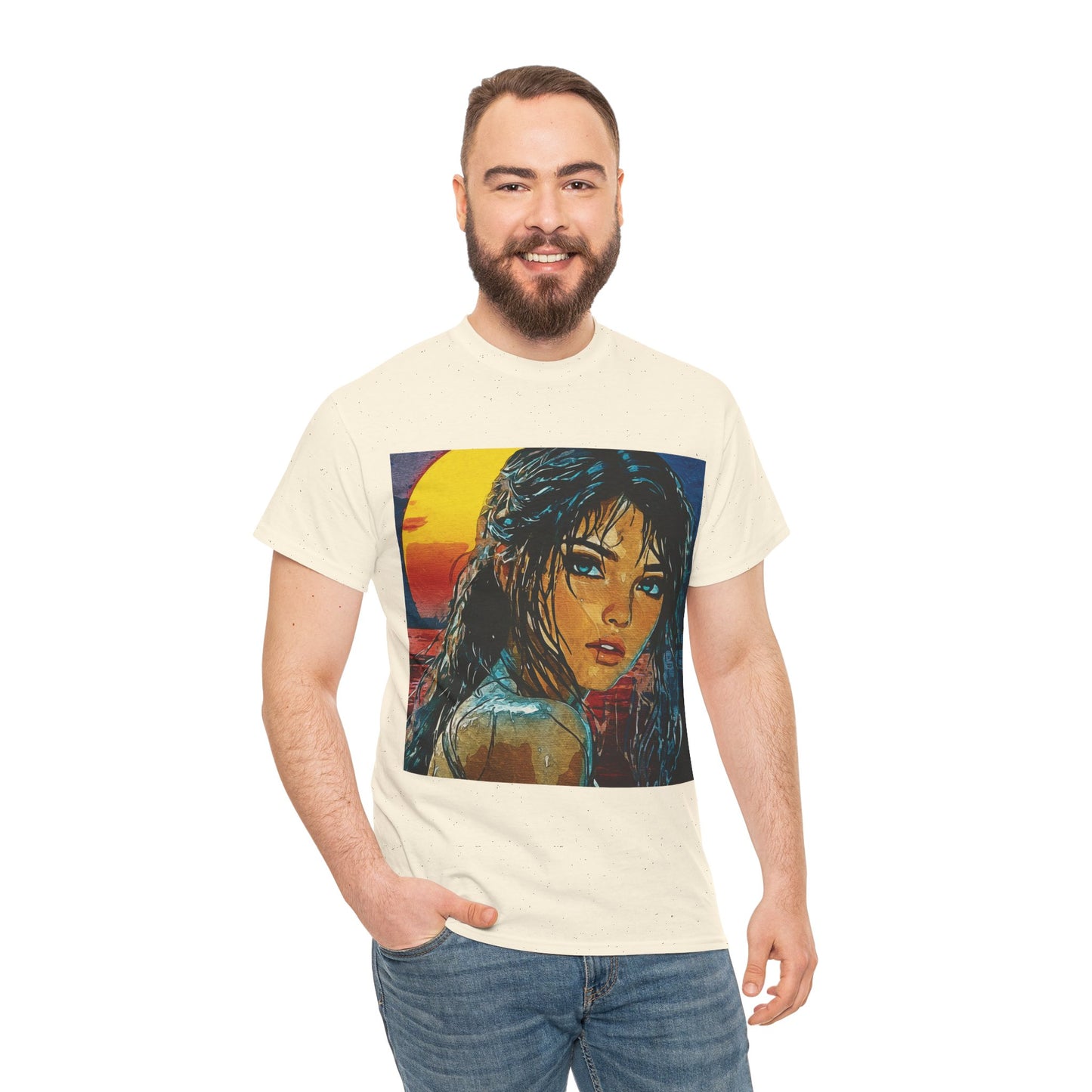 "Golden Hour Goddess: Vibrant Pop Art Vision" - Sunset Dreamer Unisex Heavy Cotton Tee - Vintage Art T-Shirt, Graphic Tee, Casual Wear, Unique Gift Idea, Summer Fashion