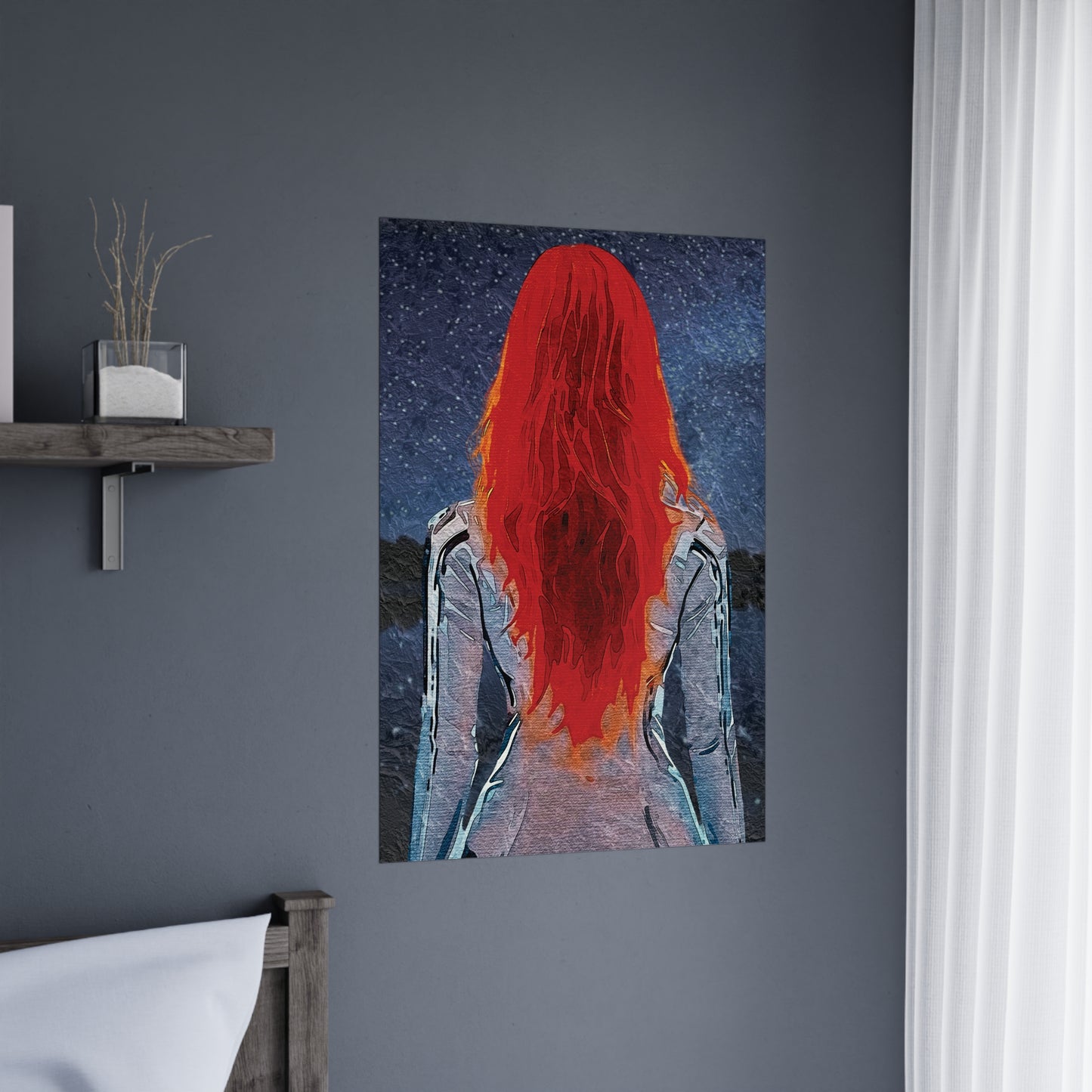 'Red' Scarlet Veil Over Starry Depths: Embrace the Cosmic Red Journey Within - Vibrant Matte Poster of a Red-Haired Figure, Wall Art, Home Decor, Aesthetic Print, Gift for Art Lovers, Inspirational Decor
