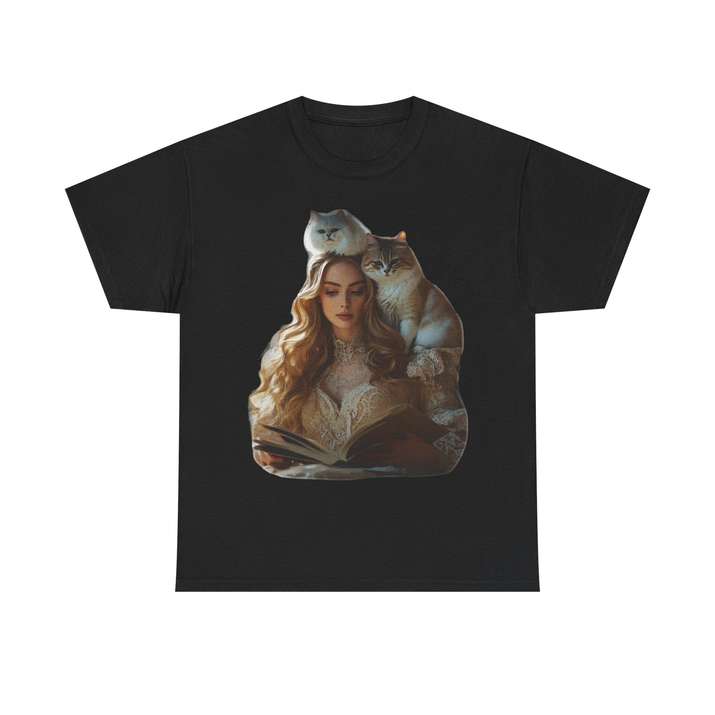“Chapters & Companions: Peaceful Moments with Books, Cats, and Cozy Souls”  Description: - Book Lover Cat Tee, Unisex Heavy Cotton Tee for Cat Lovers, Cozy Graphic Shirt, Reading Gift, Cat Mom Gift, Pet Lover Apparel