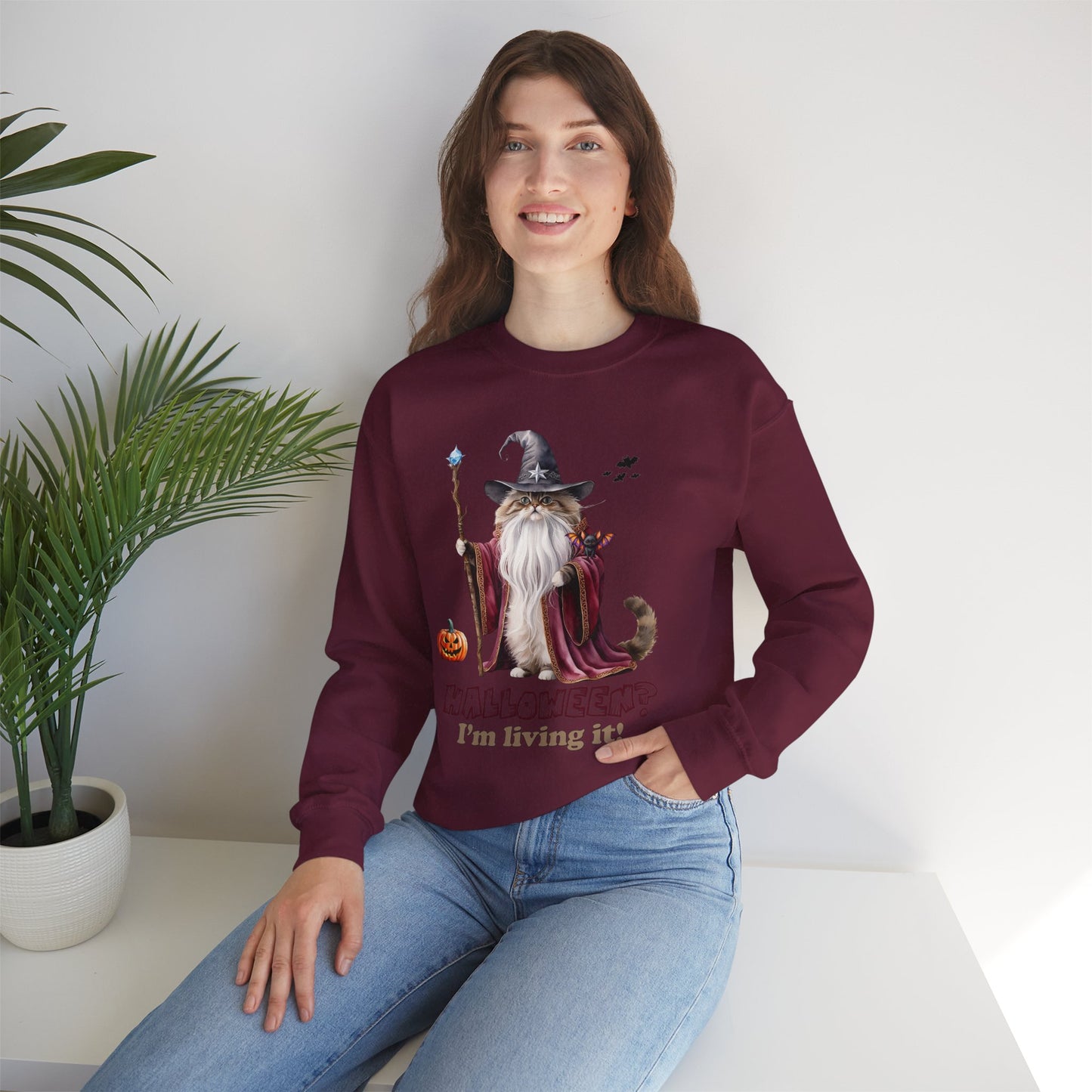 🧙 Living the Spell: Wizardry, Whimsy & Halloween Cheer 🎃 - Halloween Wizard Sweatshirt, Unisex Crewneck for Fall, Cozy Gift for Cat Lovers, Spooky Season Apparel, Fun Costume Alternative