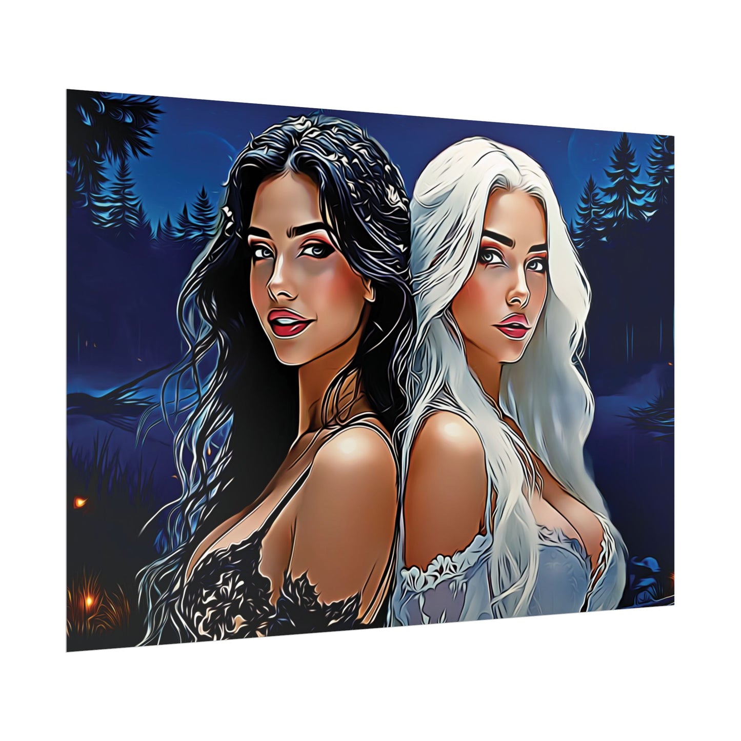 Moonlit Sisters of Opposites – Enchanted Night Art of Balance, Beauty, and Timeless Harmony - Mystical Duo Rolled Posters | Ethereal Art for Witchy Decor, Fantasy Wall Art, Gift for Her, Boho Home, Unique Prints