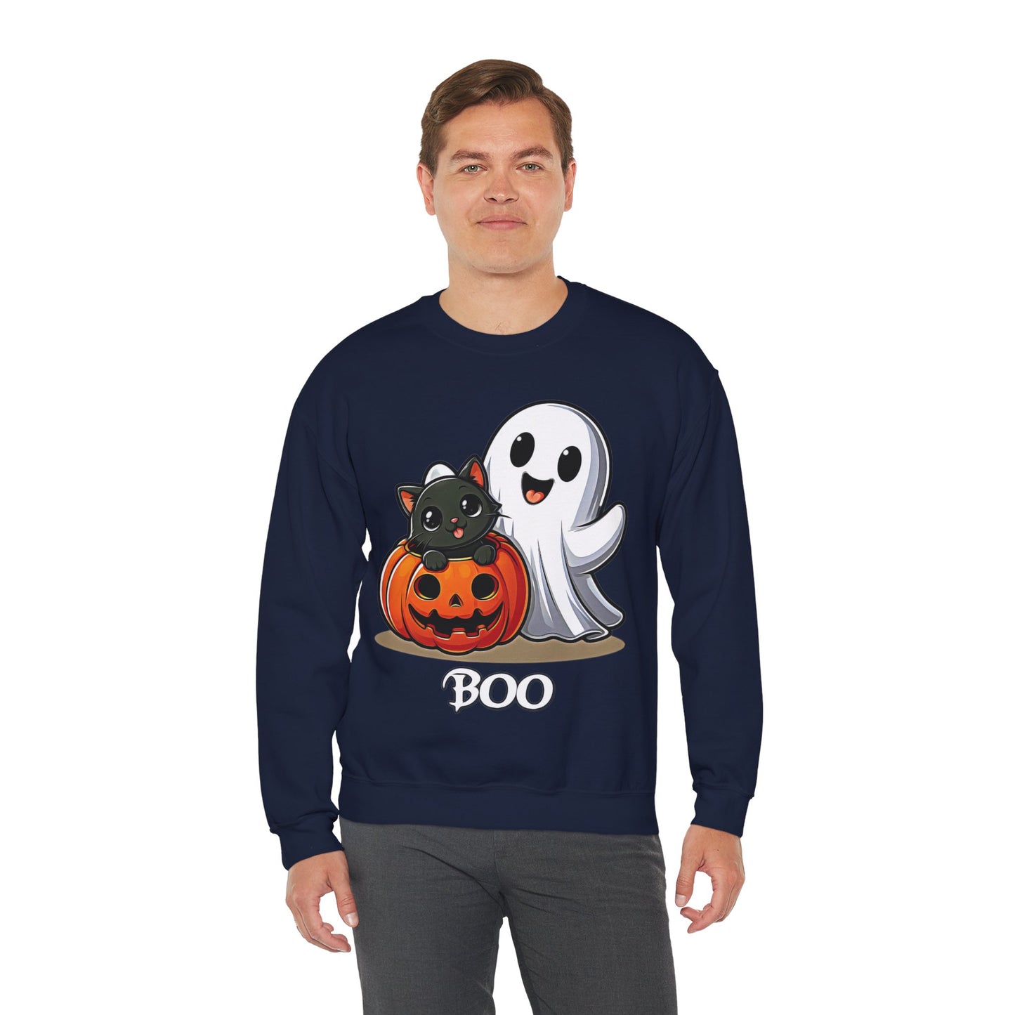 Spooky Smiles & Cozy Vibes – Halloween Boo Pumpkin Ghost Cat Edition - Cute Halloween Crewneck Sweatshirt with Ghost and Cat Design, Cozy Fall Apparel, Perfect for Spooky Season, Unisex Halloween Sweater, [...]
