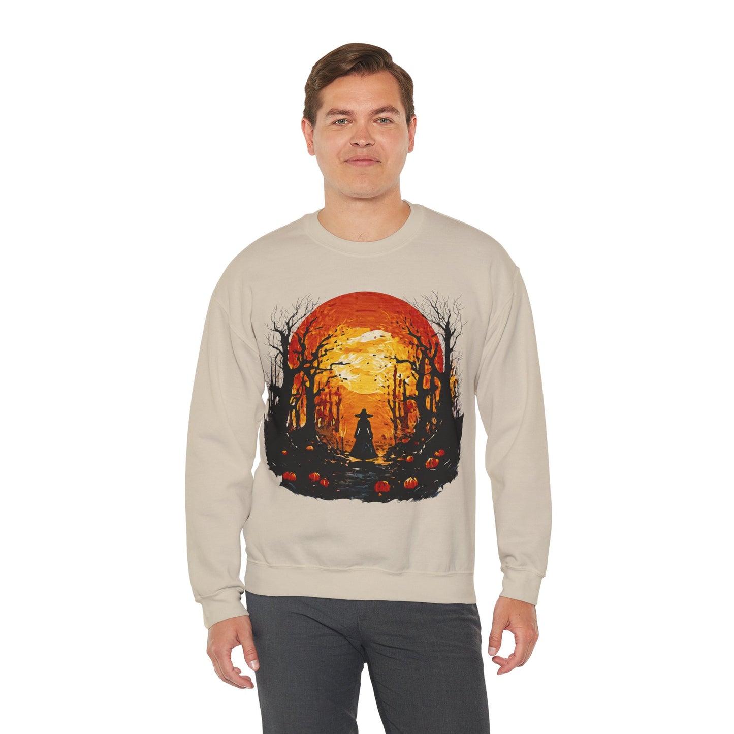 Moonlit Mischief: Autumn’s Enchanted Glow for Sweatshirts, mugs and more - Autumn Sunset Witch Sweatshirt - Cozy Unisex Crewneck for Fall, Halloween, Pumpkin Spice Lovers, Seasonal Fashion, Gift Idea