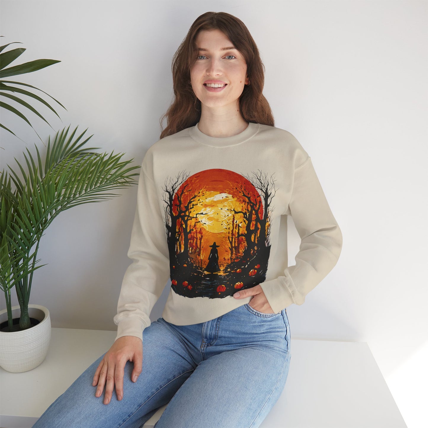 Moonlit Mischief: Autumn’s Enchanted Glow for Sweatshirts, mugs and more - Autumn Sunset Witch Sweatshirt - Cozy Unisex Crewneck for Fall, Halloween, Pumpkin Spice Lovers, Seasonal Fashion, Gift Idea