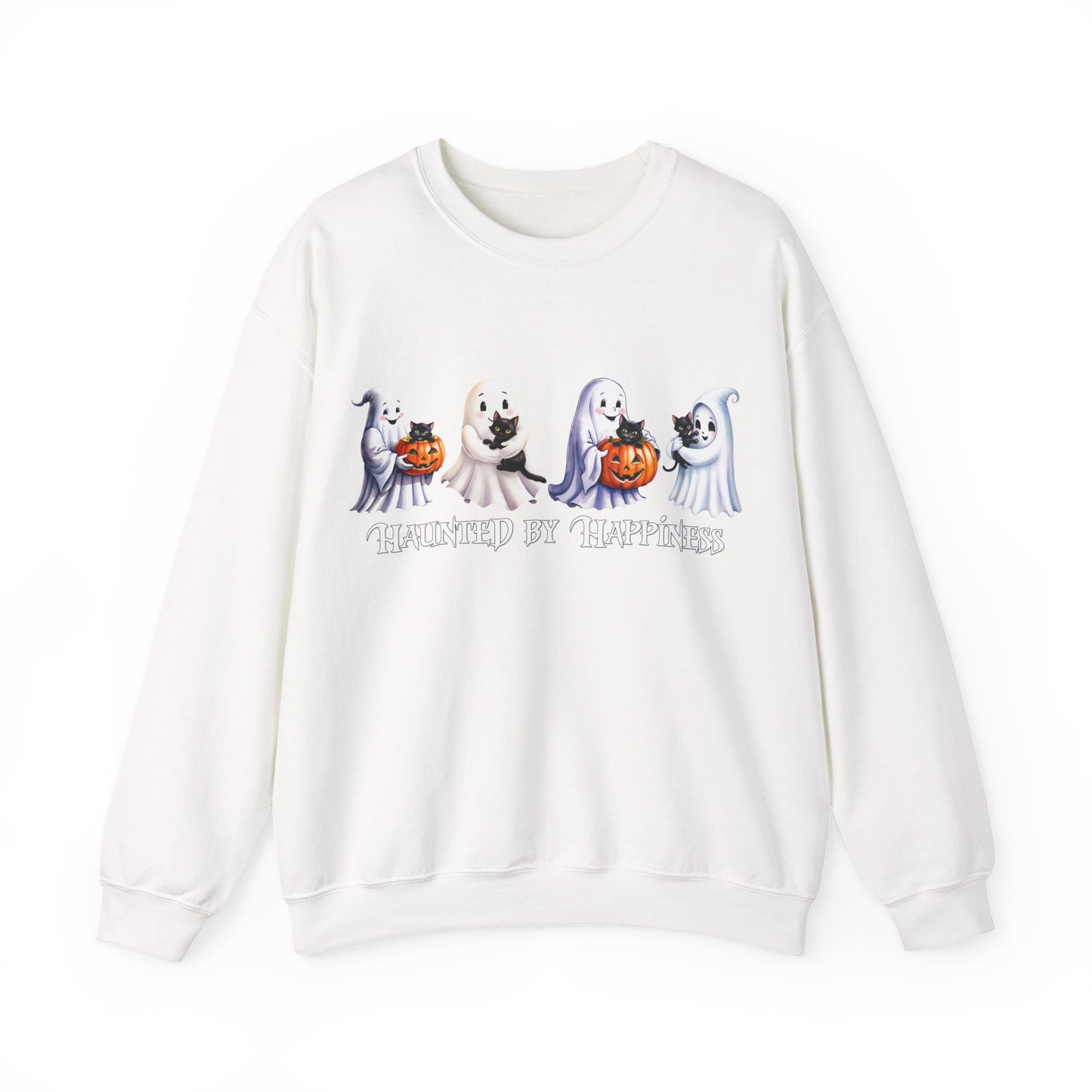 👻 Haunted by Happiness: Ghosts of Joy and Candy - Halloween Ghosts Sweatshirt, Cozy Crewneck, Autumn Apparel, Spooky Season Gift, Unisex Sweatshirt for Fall Celebrations