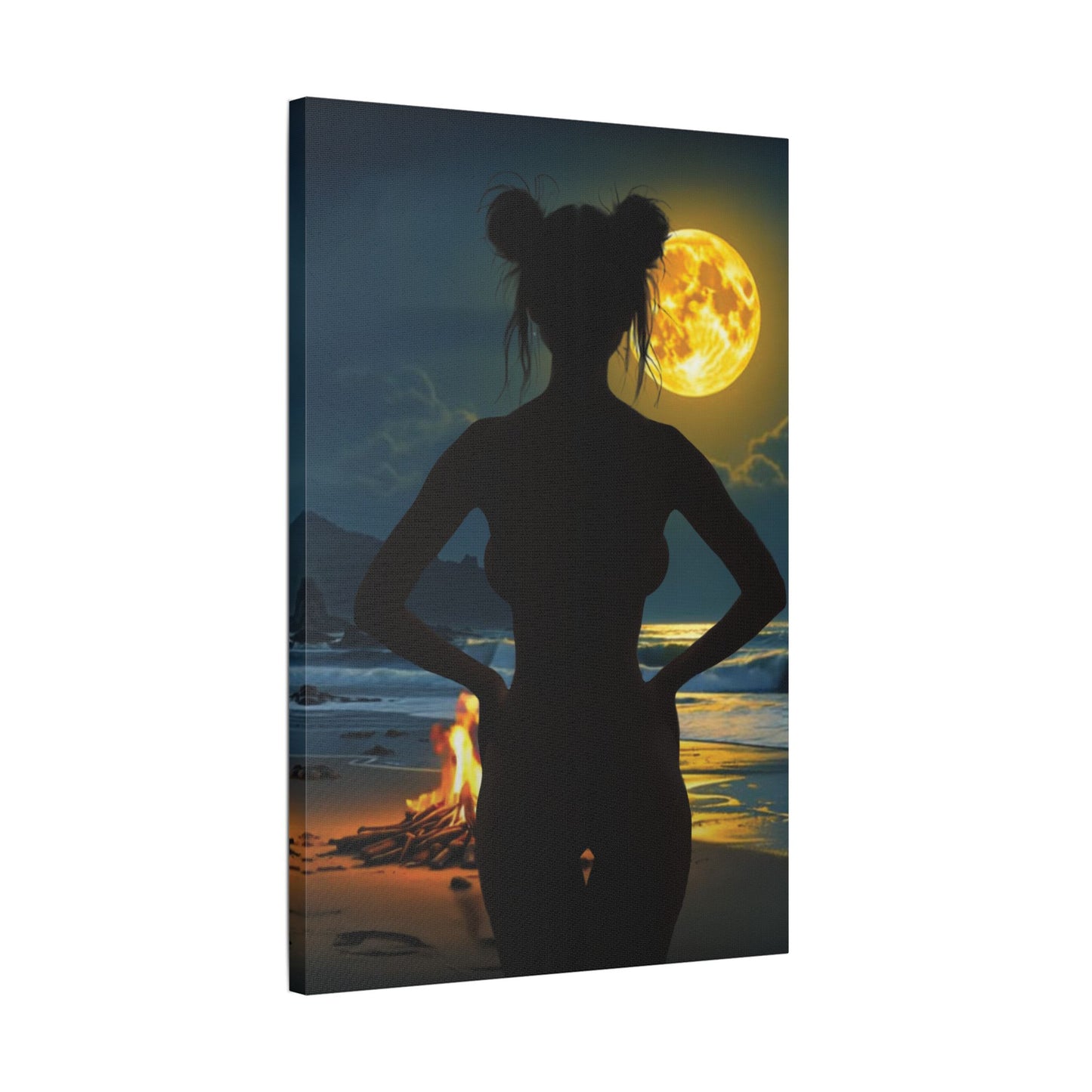 Roxie’s Midnight Swim – Moonlit Beach - Satin Canvas Print, Wall Art for Home Decor, Nighttime Serenity, Coastal Vibes, Gift for Nature Lovers, Personalized Artwork